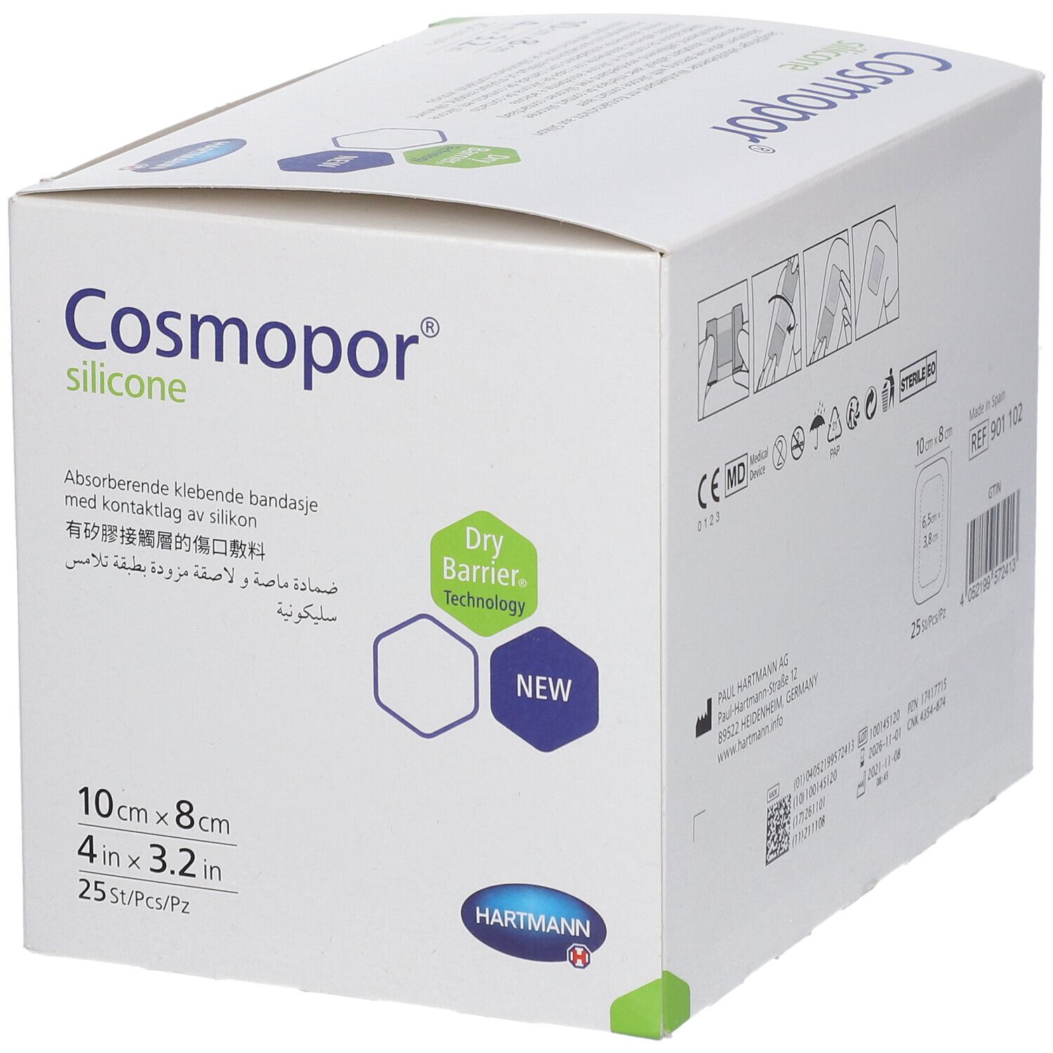 Verpackung von Cosmopor® silicone. Größe 10 x 8 cm. 25 Stück. Mit Dry Barrier Technology und Hartmann Logo.