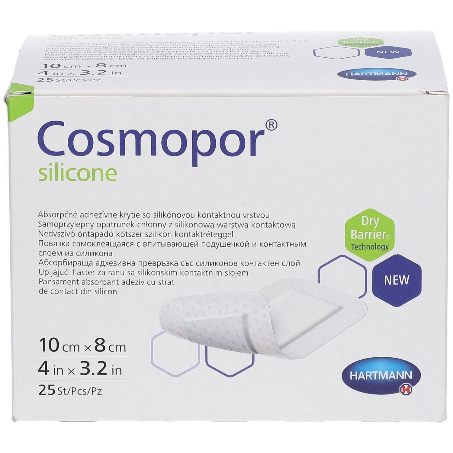 Verpackung von Cosmopor® silicone. Größe 10 x 8 cm. 25 Stück. Mit Dry Barrier Technology und Hartmann Logo.