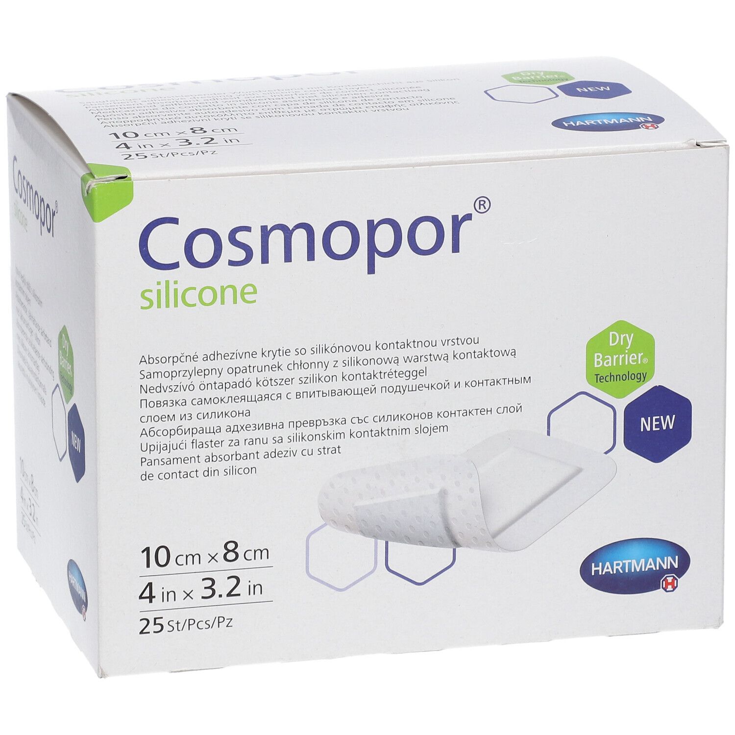 Verpackung von Cosmopor® silicone. Größe 10 x 8 cm. 25 Stück. Mit Dry Barrier Technology und Hartmann Logo.