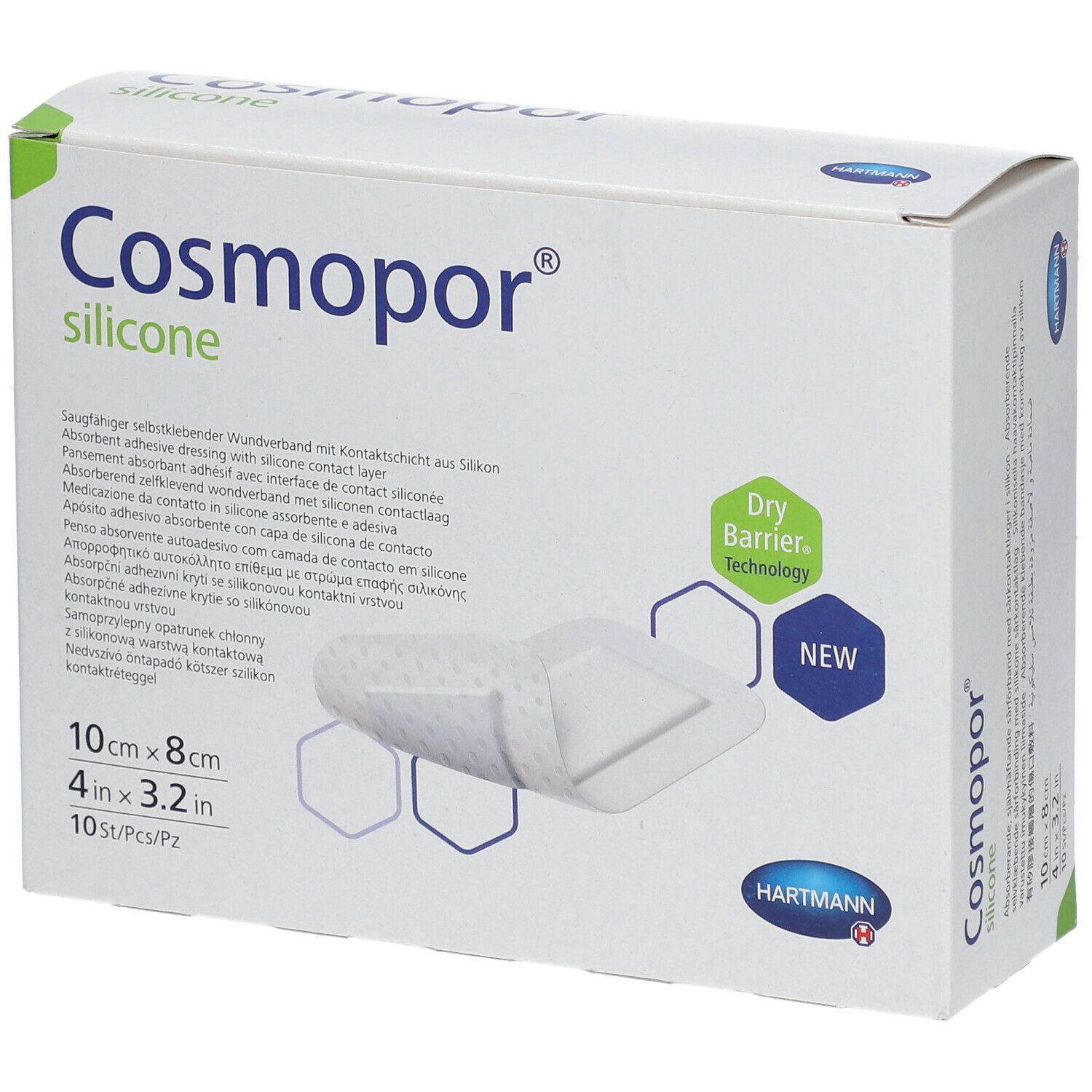 Boîte de Cosmopor® Silicone. Inscriptions : 10x8 cm, 10 pcs/boîte, Dry Barrier Technology, NEW. Logo Hartmann.
