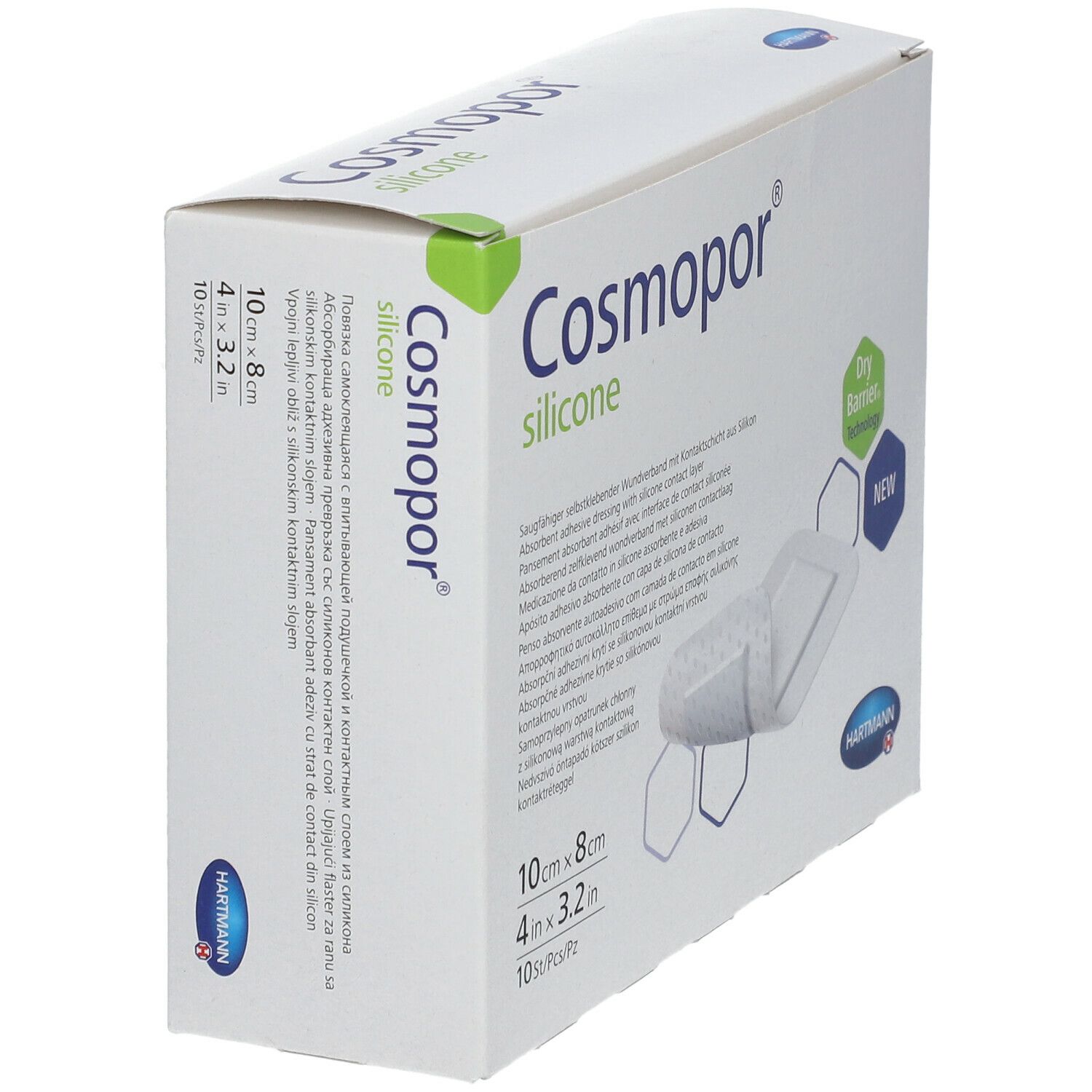Boîte de Cosmopor® Silicone. Inscriptions : 10x8 cm, 10 pcs/boîte, Dry Barrier Technology, NEW. Logo Hartmann.