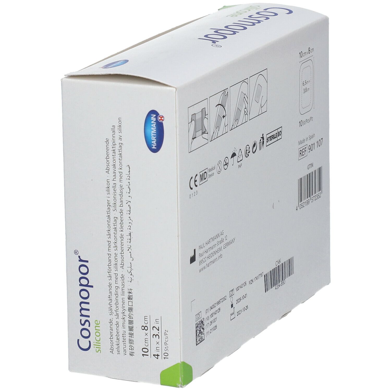 Vue latérale de la boîte Cosmopor® Silicone. Inscriptions : 10x8 cm, 10 pcs/boîte, marquage CE, symbole MD.