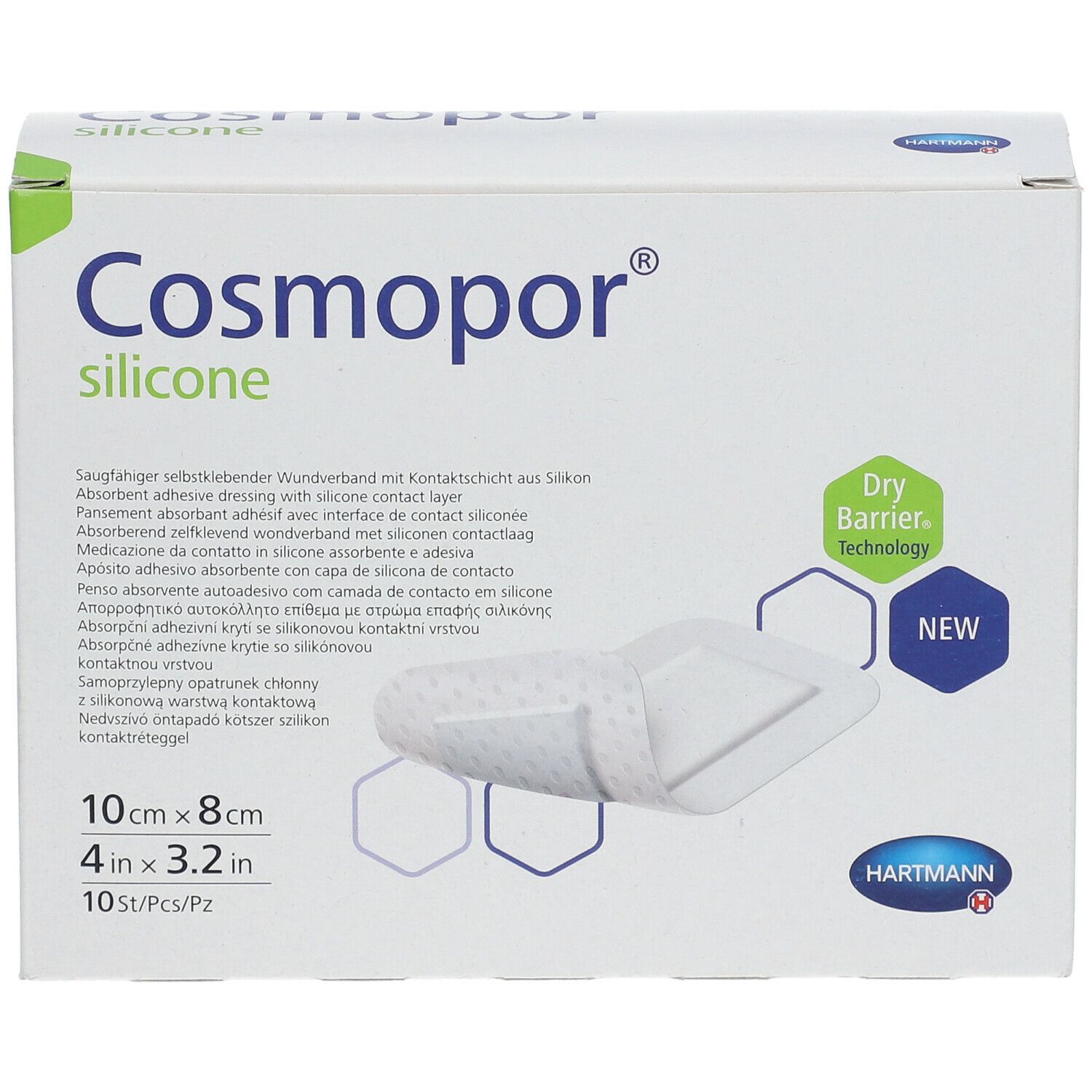 Boîte de Cosmopor® Silicone. Inscriptions : 10x8 cm, 10 pcs/boîte, Dry Barrier Technology, NEW. Logo Hartmann.
