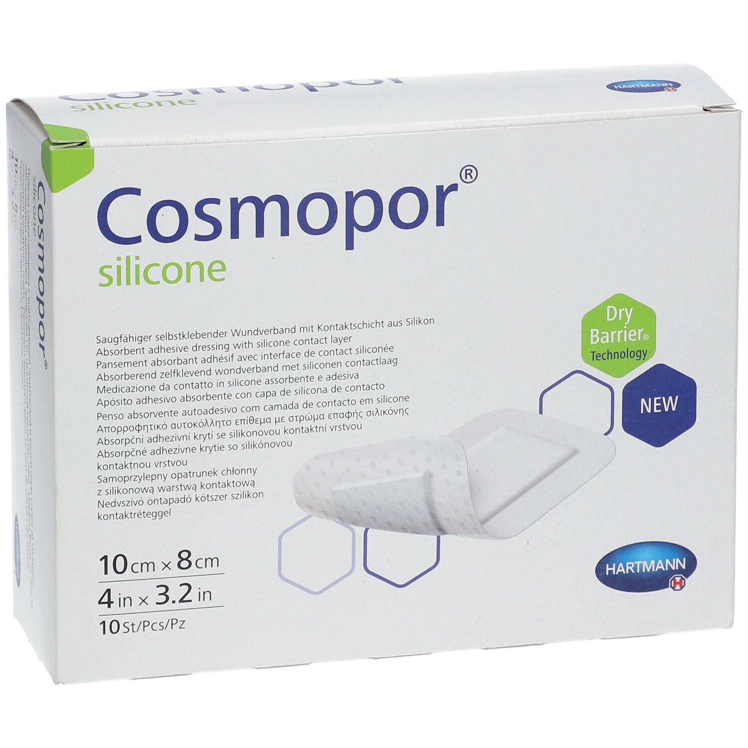 Boîte de Cosmopor® Silicone. Inscriptions : 10x8 cm, 10 pcs/boîte, Dry Barrier Technology, NEW. Logo Hartmann.