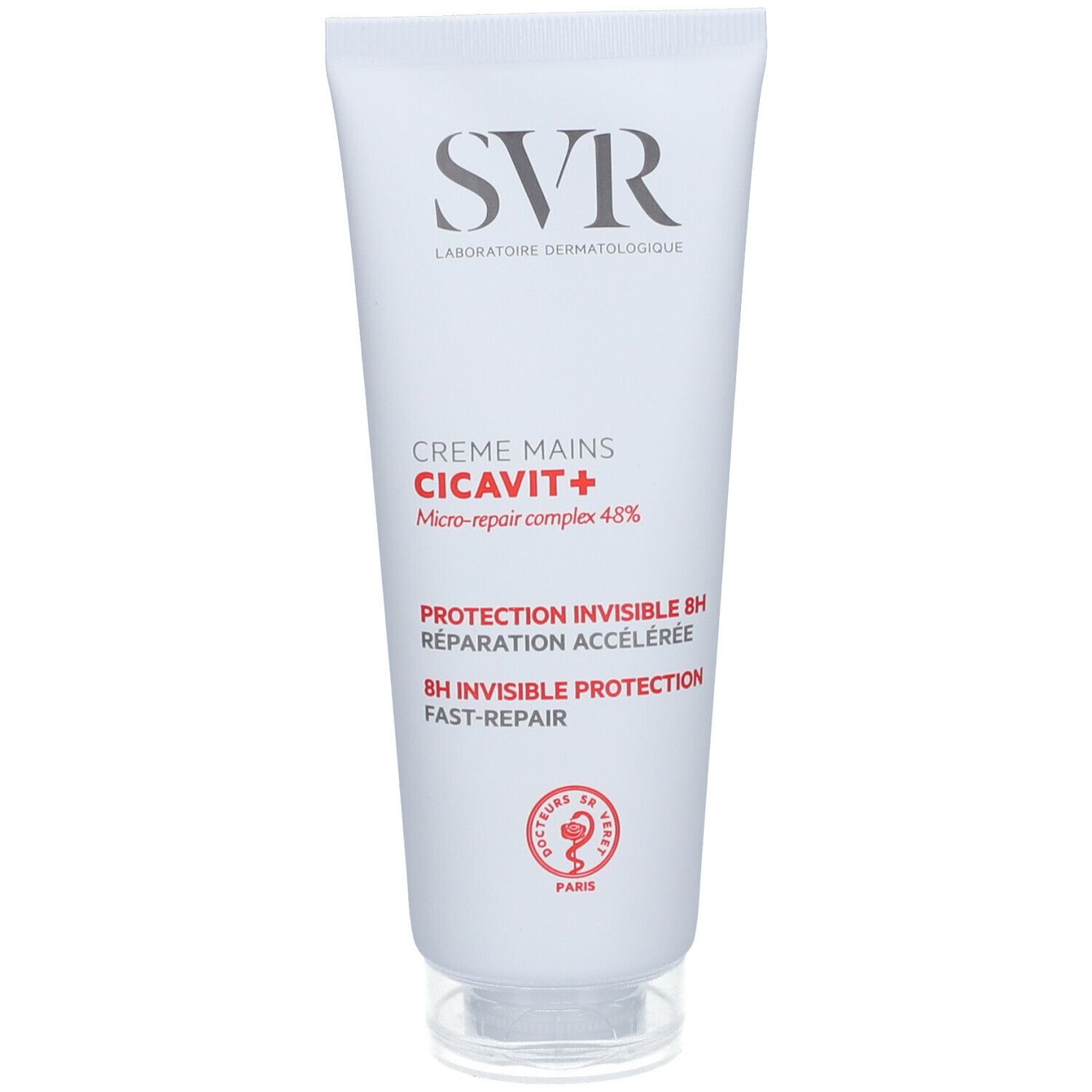 Witte tube SVR CICAVIT+ handcrème. Tekst: Creme Mains, Micro-repair complex 48%, 8H invisible Protection, Fast-Repair.