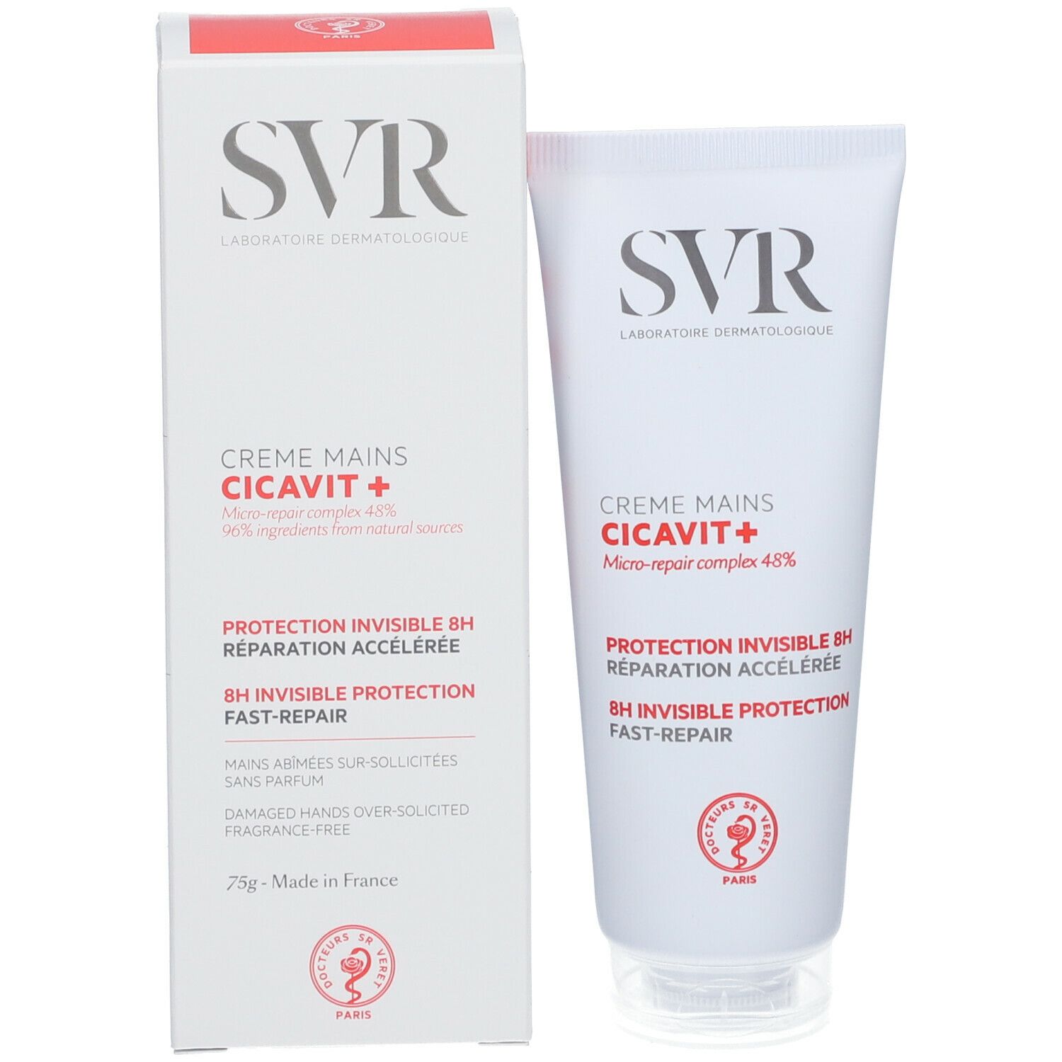 SVR CICAVIT+ handcrème en doos. Tekst: Creme Mains, Micro-repair complex 48%, 8H invisible Protection, Fast-Repair. 75g.