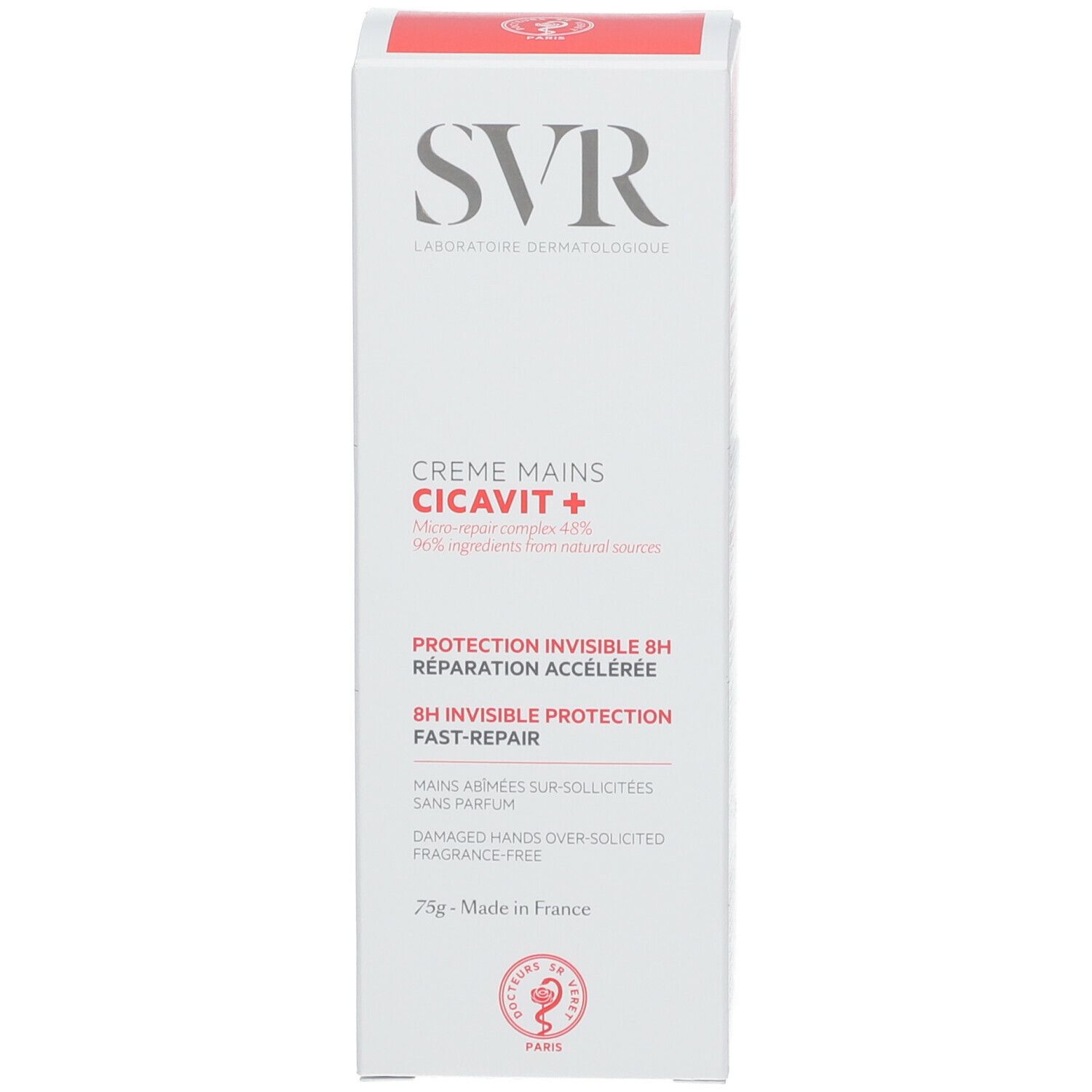 Doos SVR CICAVIT+ handcrème. Tekst: Creme Mains, Micro-repair complex 48%, 8H invisible Protection, Fast-Repair. 75g.