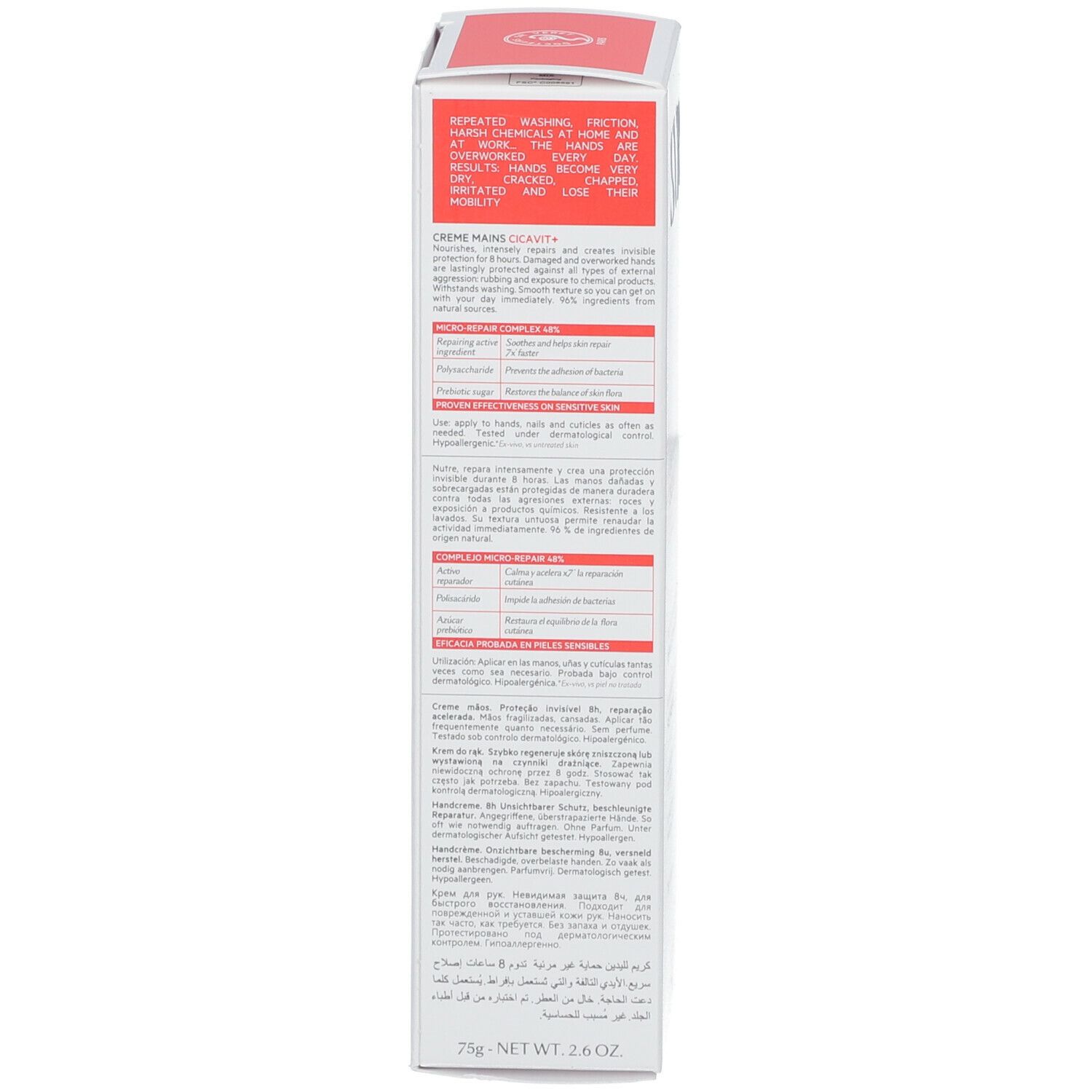 Achterkant doos SVR CICAVIT+ handcrème. Meertalige tekst. 75g. Dermatologisch getest.