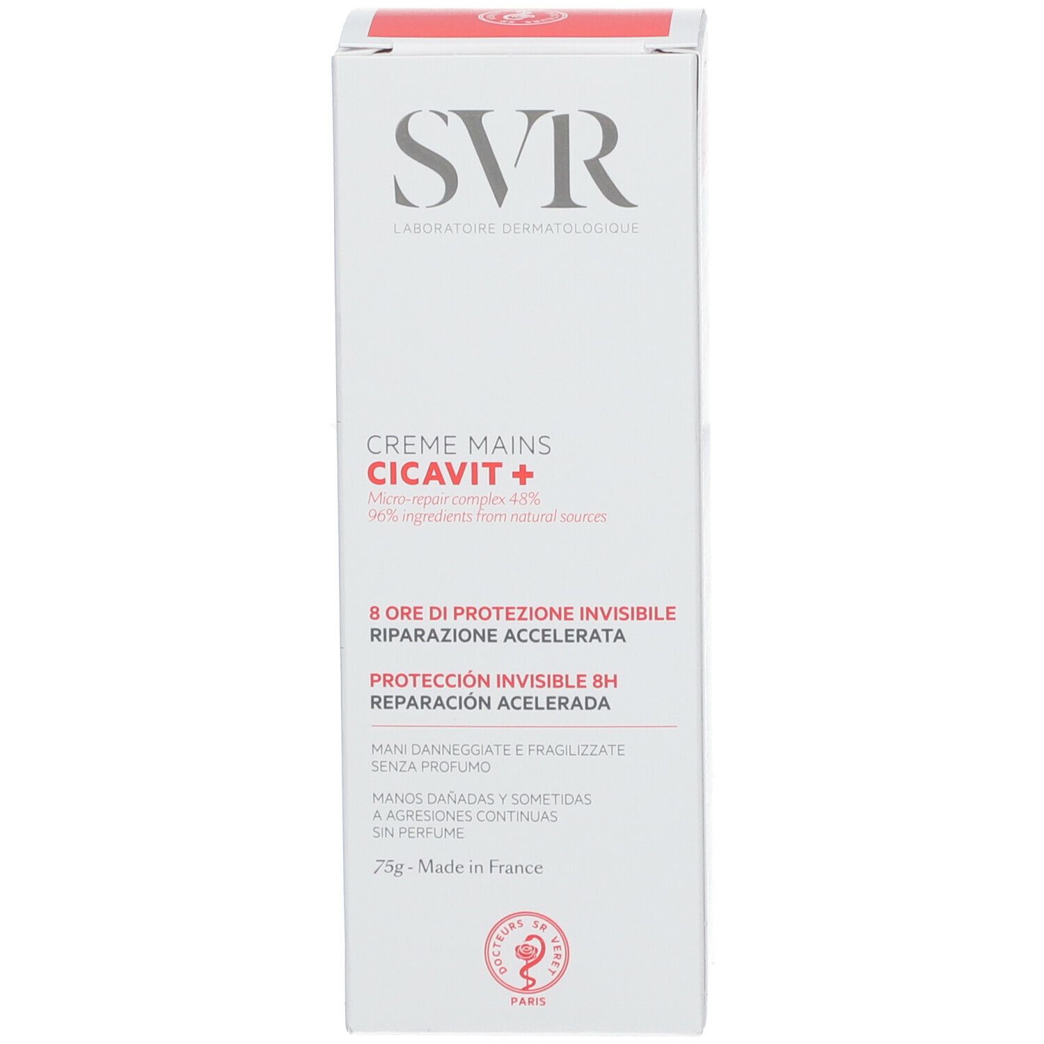 Zijkant doos SVR CICAVIT+ handcrème. Tekst: Creme Mains, Micro-repair complex 48%, 8H invisible Protection, Fast-Repair. 75g.