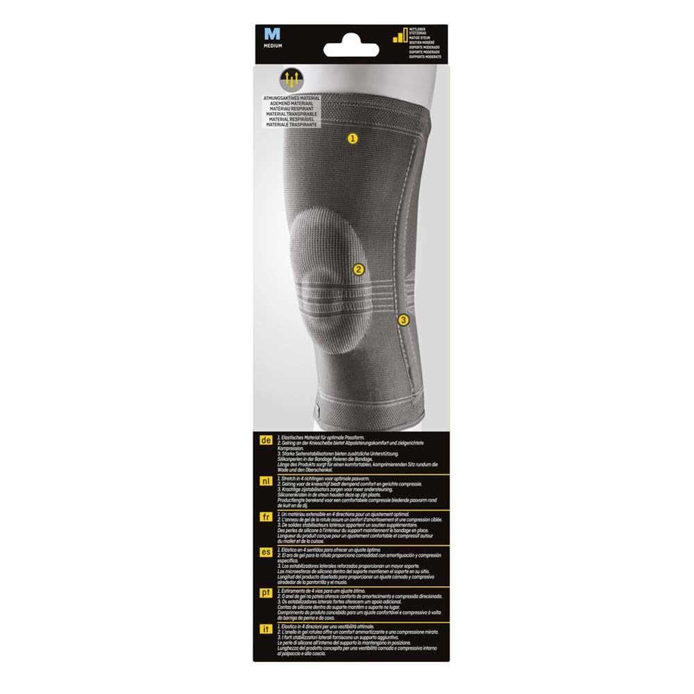 Verpackung mit Nahaufnahme der Kniestütze und Hervorhebung der Merkmale.