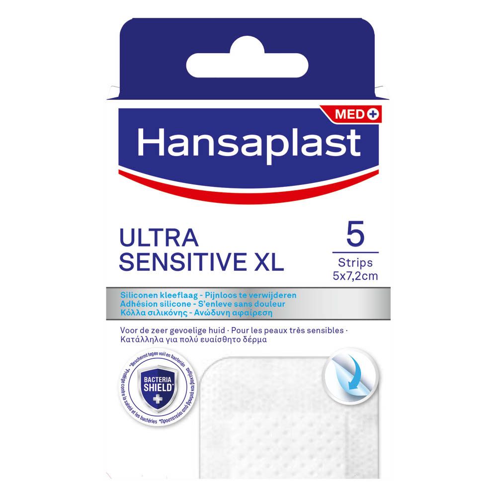Verpakking met 5 pleisters. Ultra Sensitive XL, 5x7,2cm. Merk Hansaplast. Voor gevoelige huid.