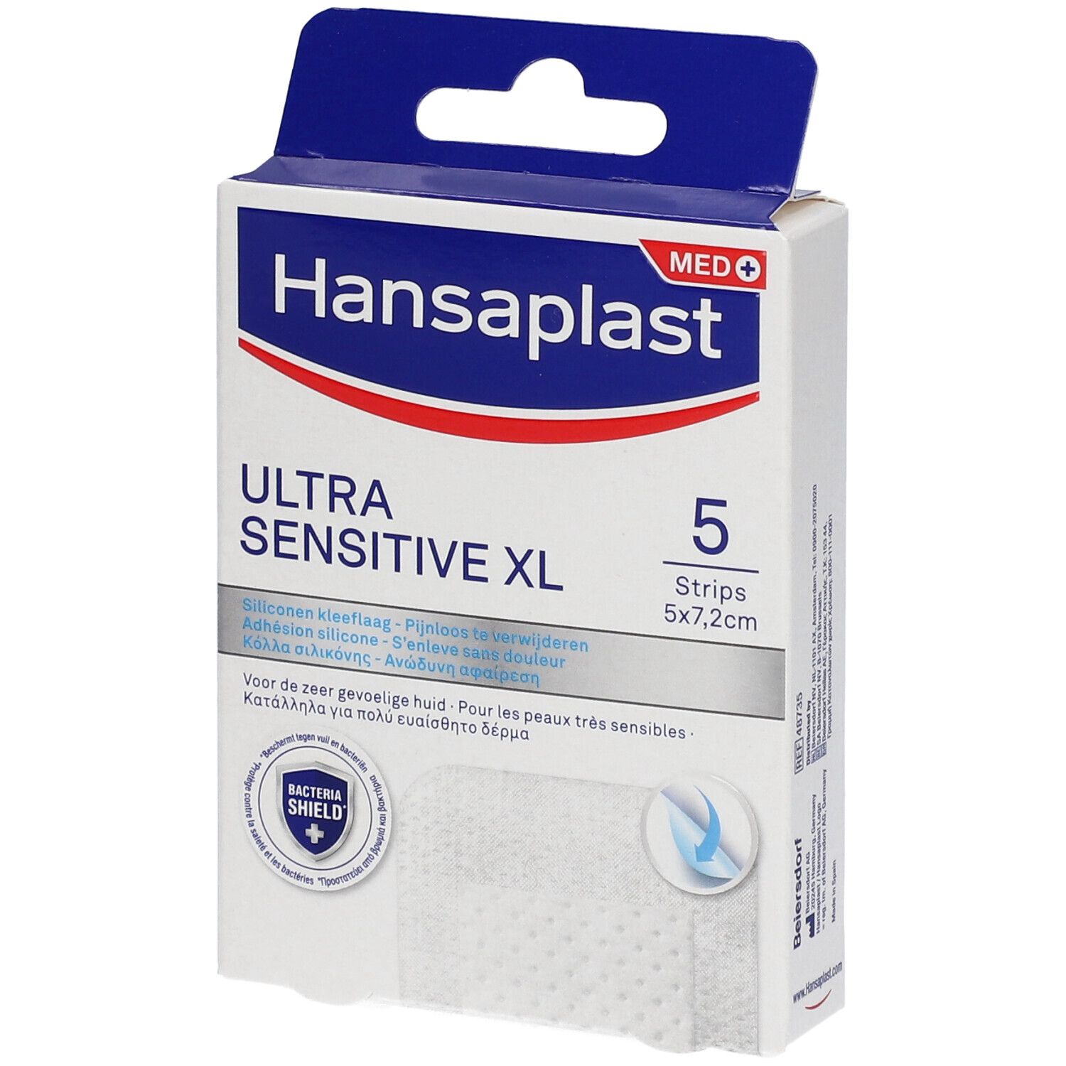 Verpakking met 5 pleisters. Ultra Sensitive XL, 5x7,2cm. Merk Hansaplast. Voor gevoelige huid.