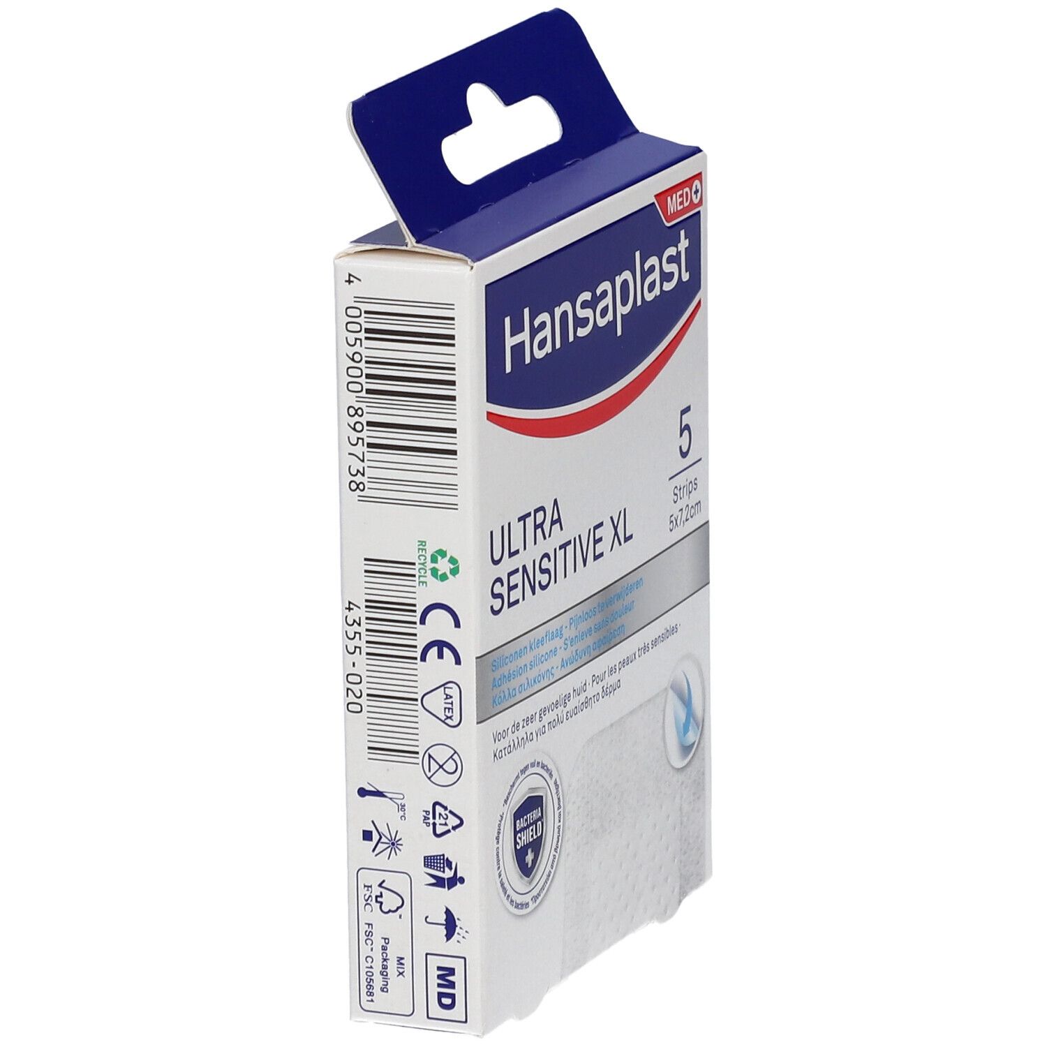 Verpakking met 5 pleisters. Ultra Sensitive XL, 5x7,2cm. Merk Hansaplast. Achterkant met info.