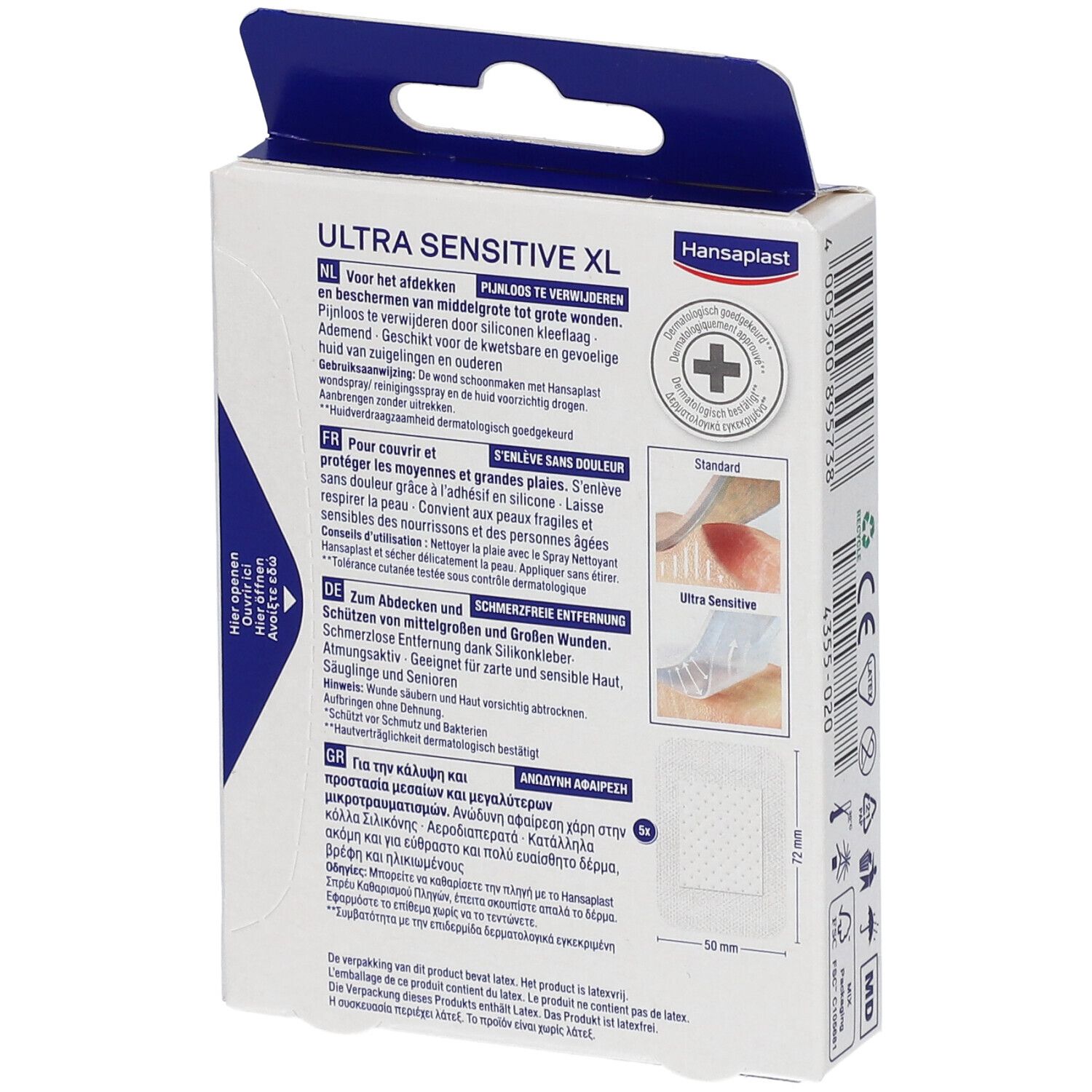 Achterkant verpakking. Info over Ultra Sensitive XL. Merk Hansaplast. Illustraties en tekst.
