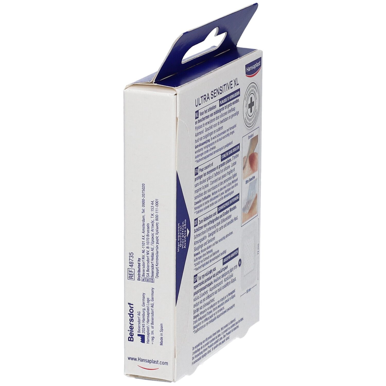 Zijaanzicht verpakking. Info over Ultra Sensitive XL. Merk Hansaplast. Tekst en logo.
