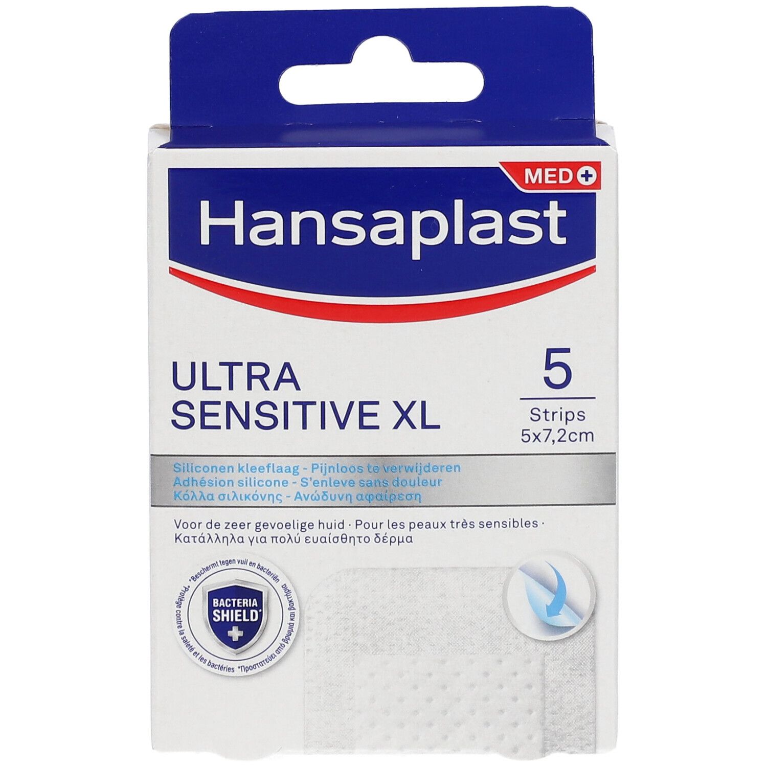Verpakking met 5 pleisters. Ultra Sensitive XL, 5x7,2cm. Merk Hansaplast. Voor gevoelige huid.