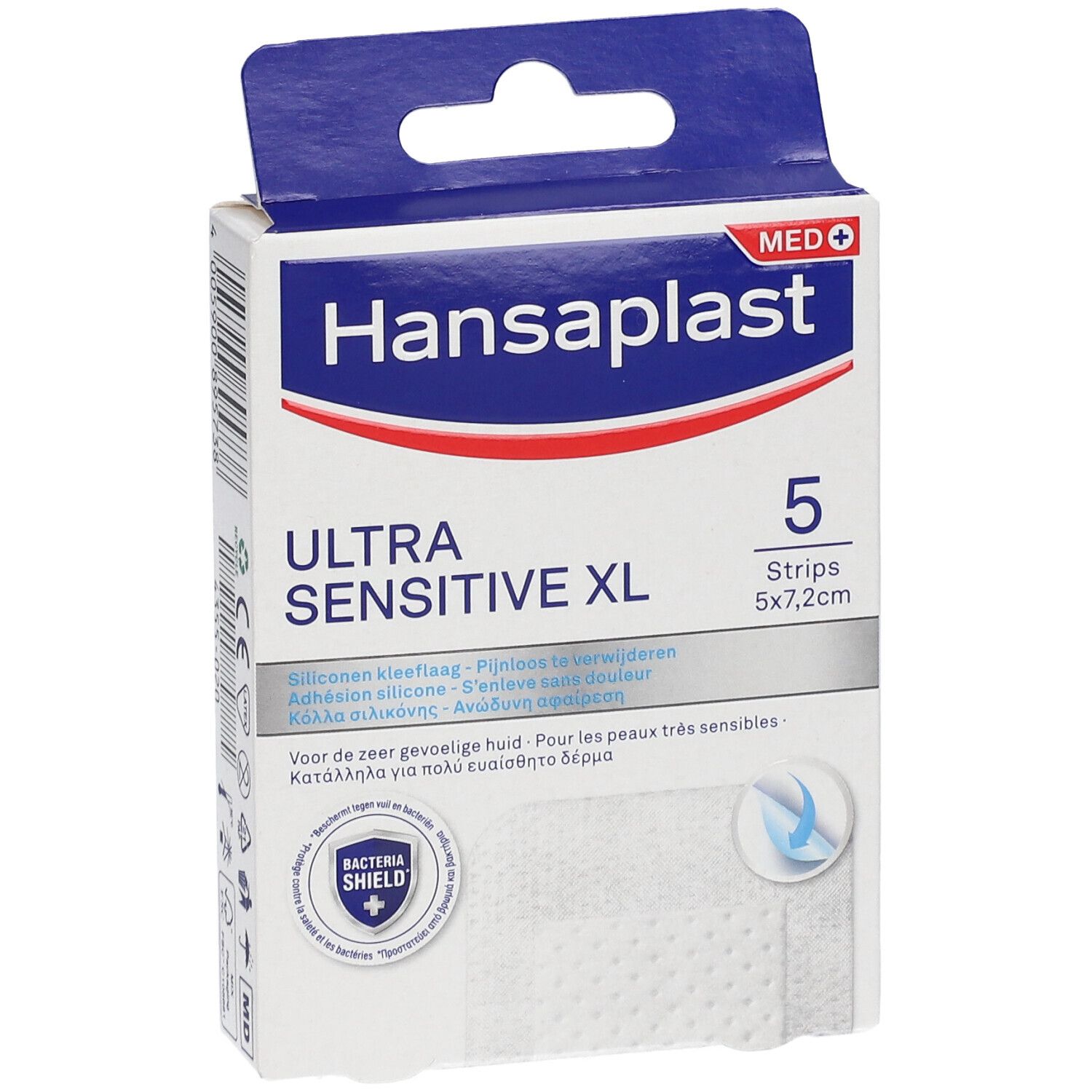Verpakking met 5 pleisters. Ultra Sensitive XL, 5x7,2cm. Merk Hansaplast. Voor gevoelige huid.