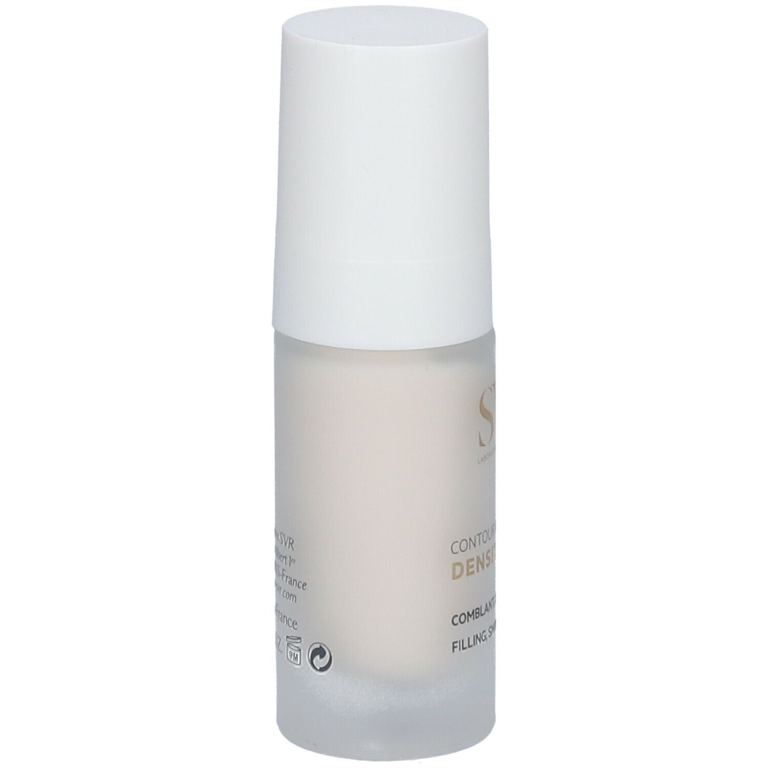 SVR Densitium oogcontour. Witte fles met witte dop. Achterkant met tekst en logo's.