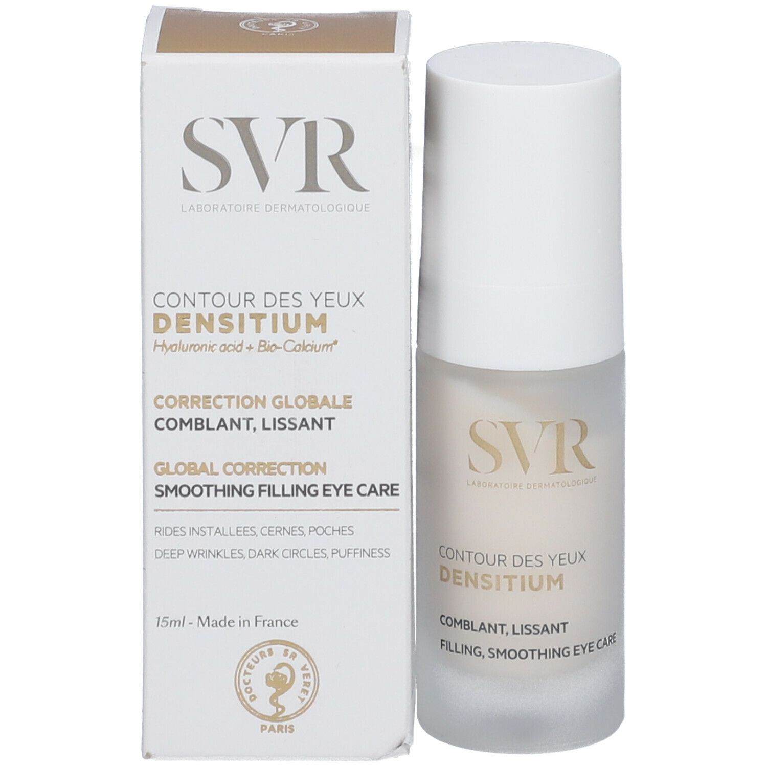 SVR Densitium oogcontour en verpakking. Witte verpakking met product en tekst.