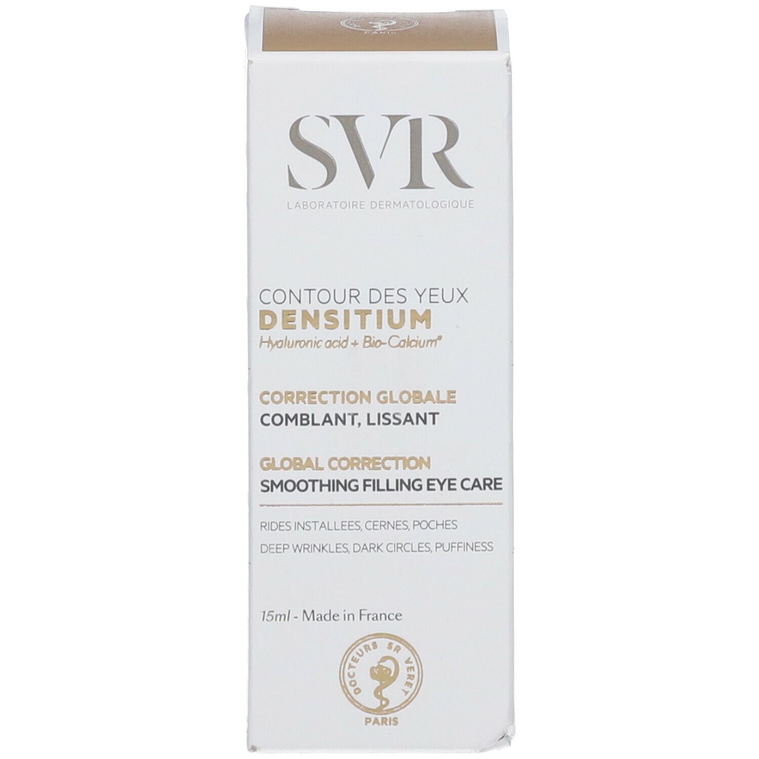 SVR Densitium oogcontour verpakking. Witte verpakking met product en tekst.