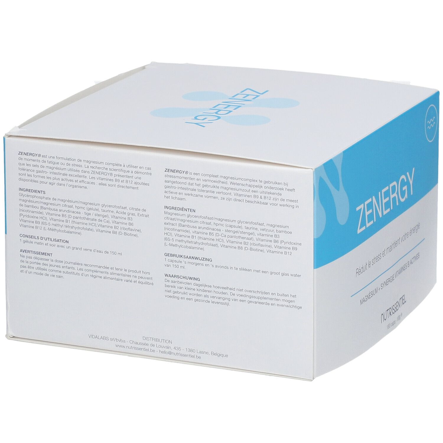 Witte doos met blauwe elementen. Tekst: ZENERGY, ingrediënten, gebruiksaanwijzing. Bevat magnesium, B-vitaminen en andere ingrediënten.