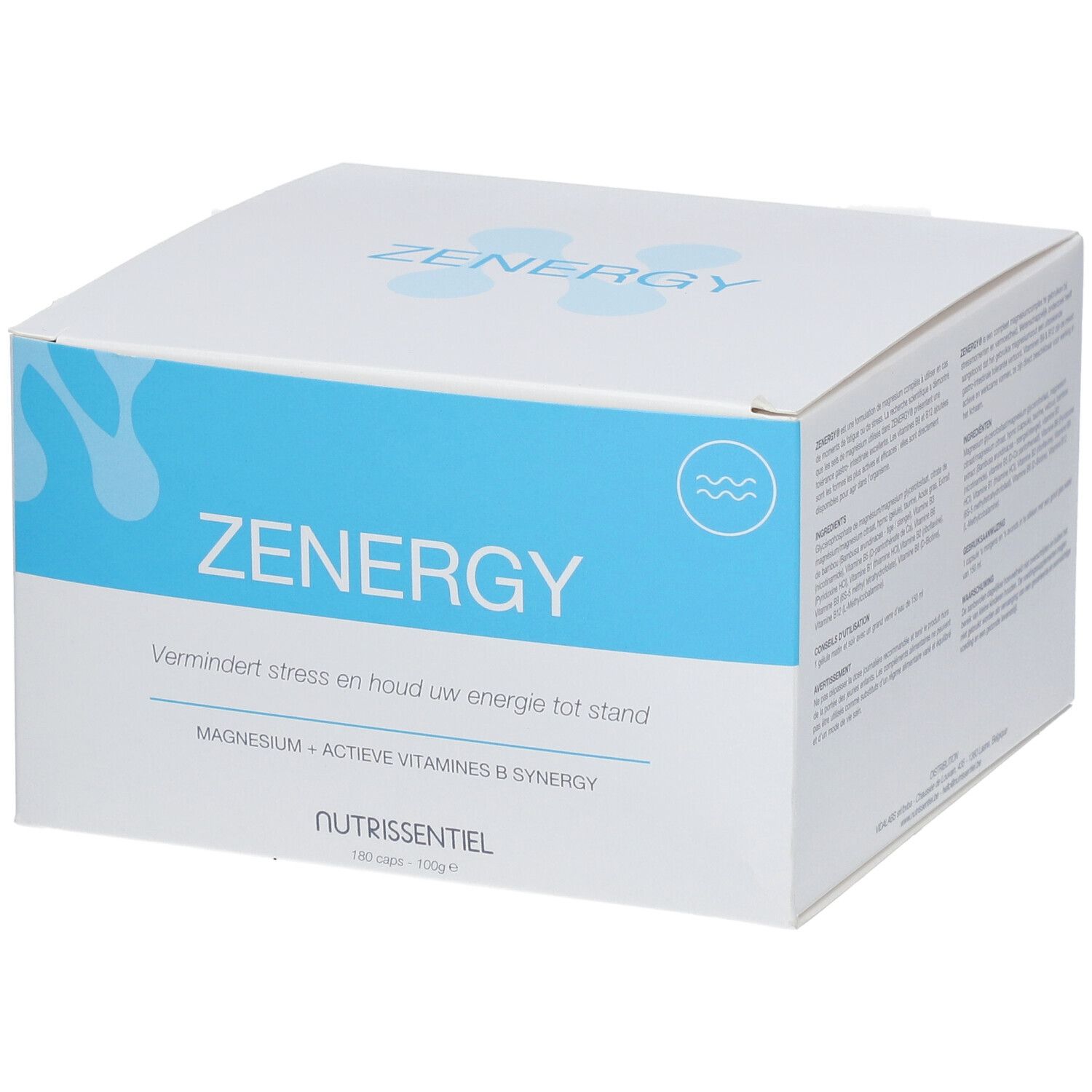 Witte doos met blauwe band. Opschrift: ZENERGY, vermindert stress en houdt energie op peil. Bevat magnesium en B-vitaminen.