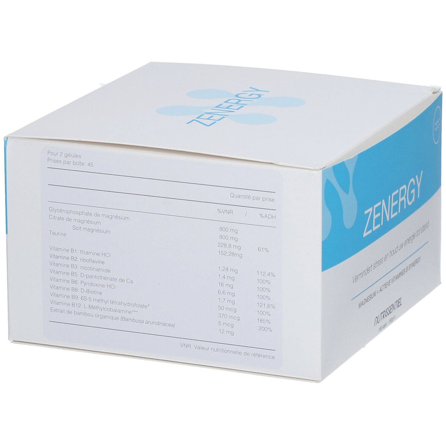 Witte doos met blauwe elementen. Opschrift: ZENERGY. Bevat informatie over ingrediënten per portie, waaronder magnesium en vitaminen.