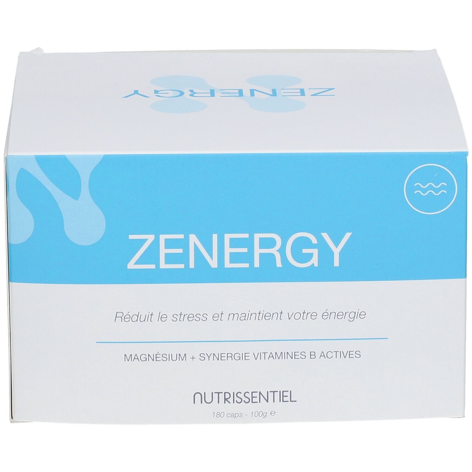 Witte doos met blauwe band. Opschrift: ZENERGY, vermindert stress en houdt energie op peil. Bevat magnesium en B-vitaminen.