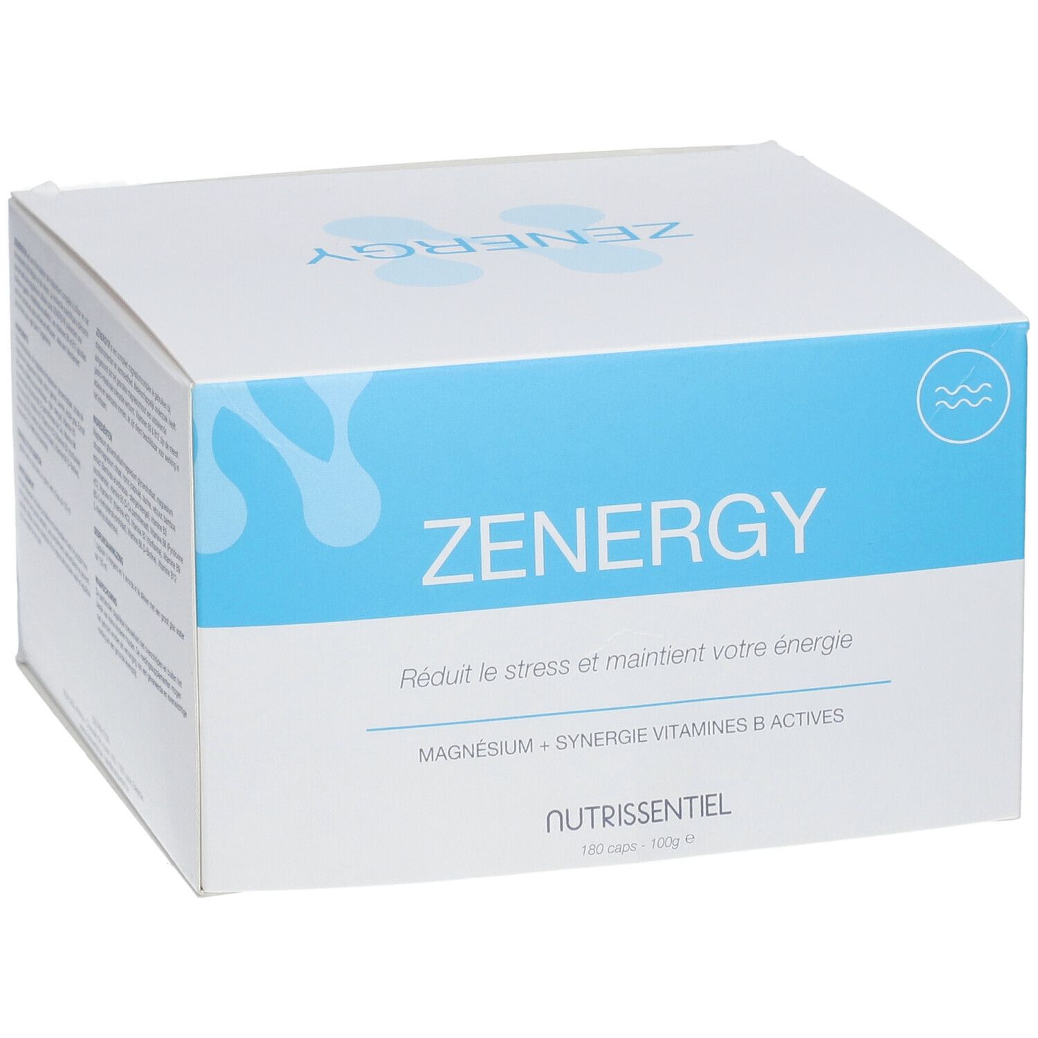 Witte doos met blauwe band. Opschrift: ZENERGY, vermindert stress en houdt energie op peil. Bevat magnesium en B-vitaminen.