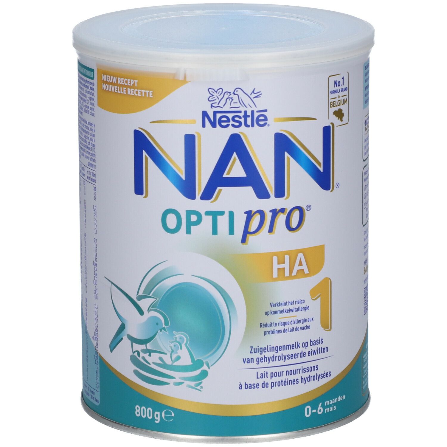 Boîte de lait en poudre Nestlé NAN OPTIPRO HA 1. Design bleu et blanc, couvercle. Texte : NAN, OPTIPRO, HA 1, 800g. Pour bébés 0-6 mois.