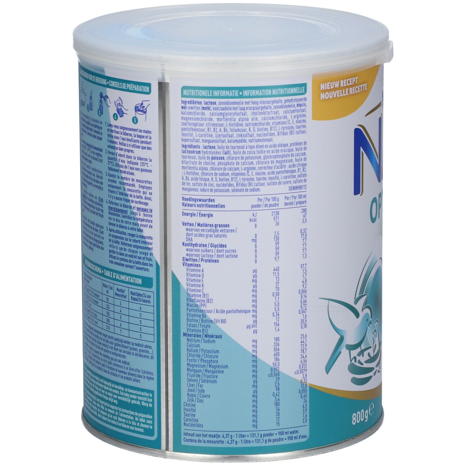 Dos de la boîte de lait en poudre Nestlé NAN OPTIPRO HA 1. Texte et informations nutritionnelles. Couvercle. 800g. Pour bébés 0-6 mois.