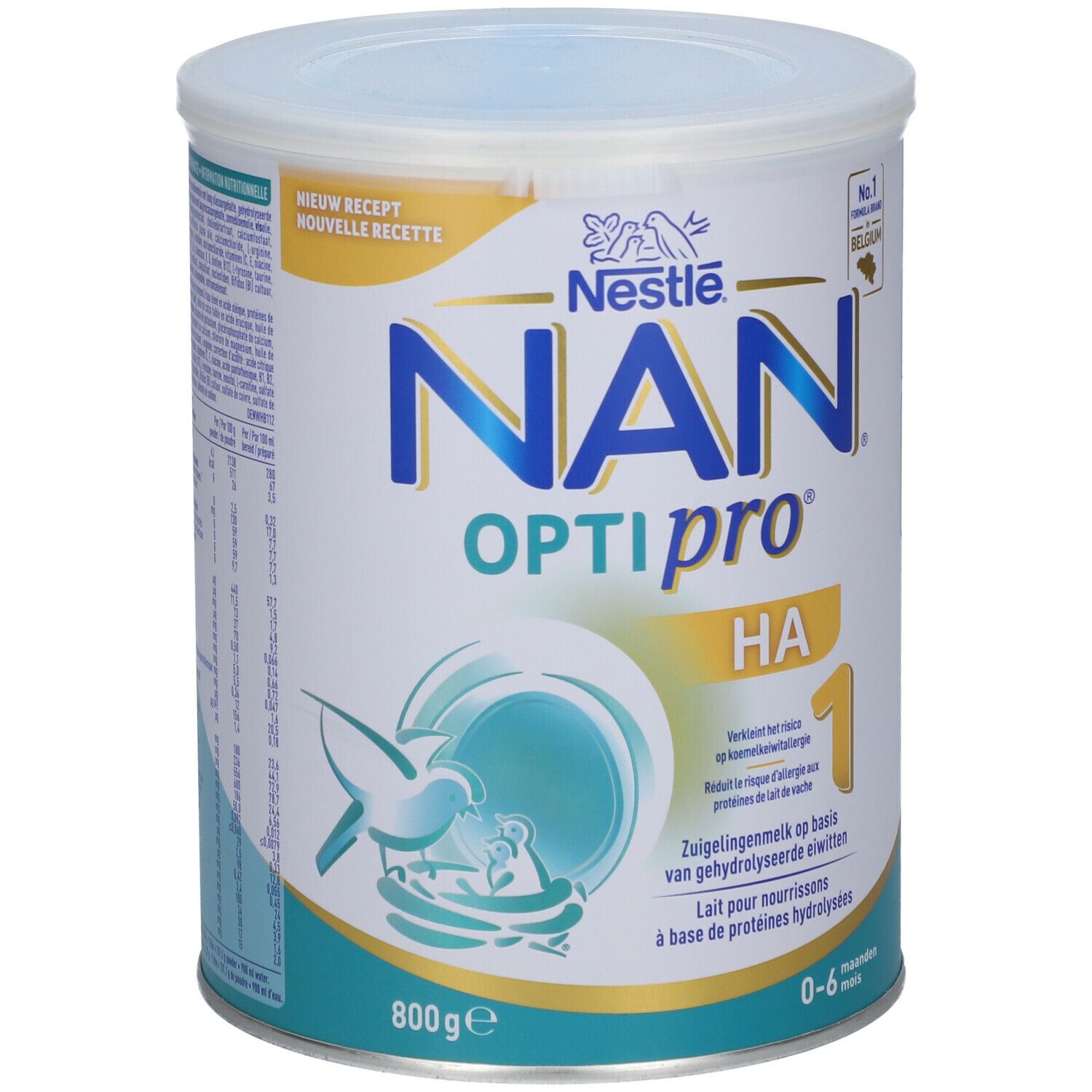 Boîte de lait en poudre Nestlé NAN OPTIPRO HA 1. Design bleu et blanc, couvercle. Texte : NAN, OPTIPRO, HA 1, 800g. Pour bébés 0-6 mois.