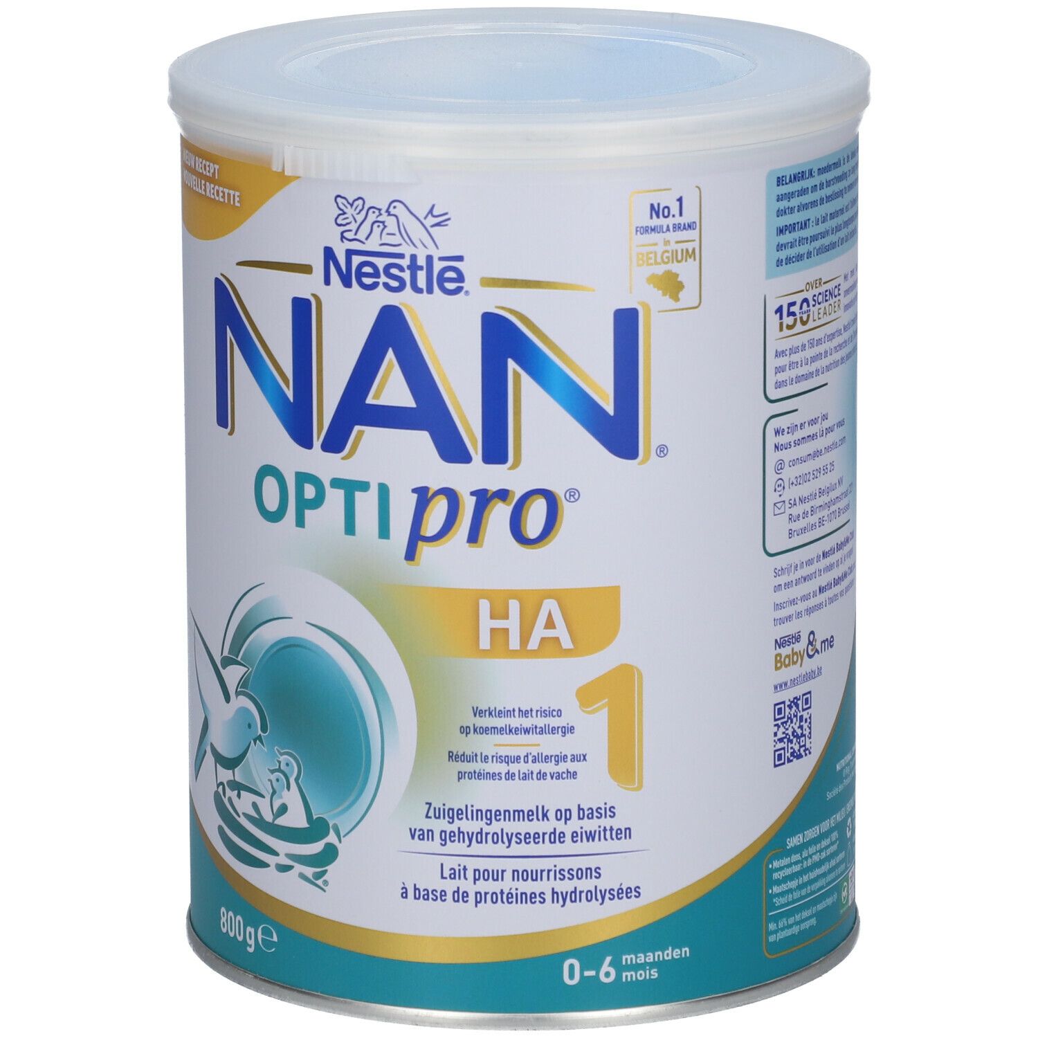 Boîte de lait en poudre Nestlé NAN OPTIPRO HA 1. Design bleu et blanc, couvercle. Texte : NAN, OPTIPRO, HA 1, 800g. Pour bébés 0-6 mois. N°1 en Belgique.