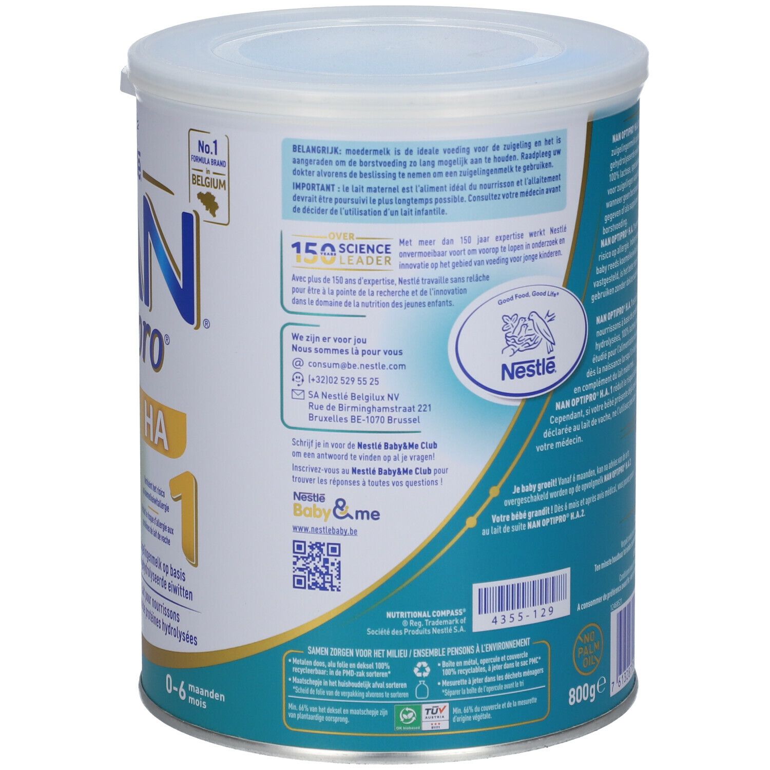 Dos de la boîte de lait en poudre Nestlé NAN OPTIPRO HA 1. Texte, informations nutritionnelles, couvercle. 800g. Pour bébés 0-6 mois. N°1 en Belgique.