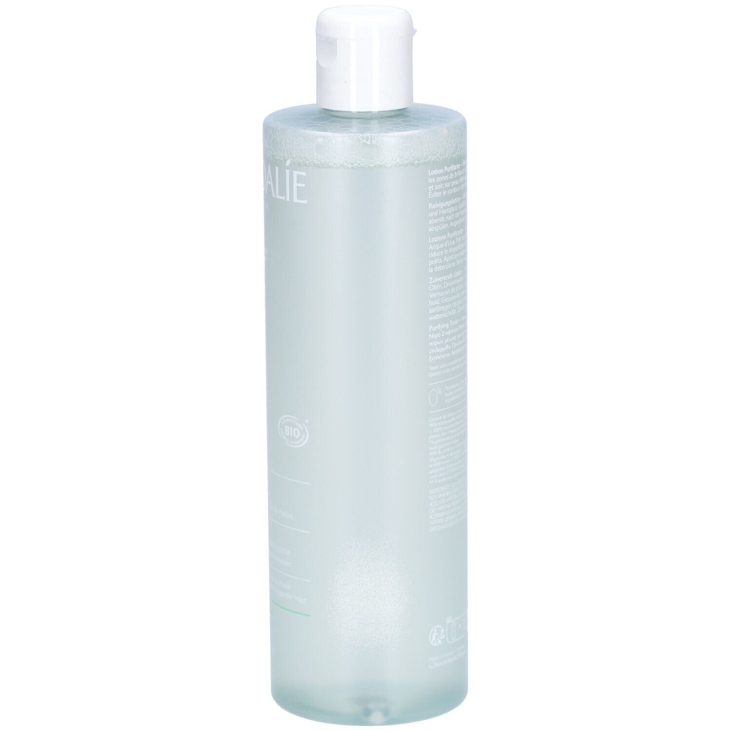 Caudalie Vinopure Lotion Purifiante. Transparente Flasche mit weißem Deckel. Produktetikett mit Schriftzug und Logo.
