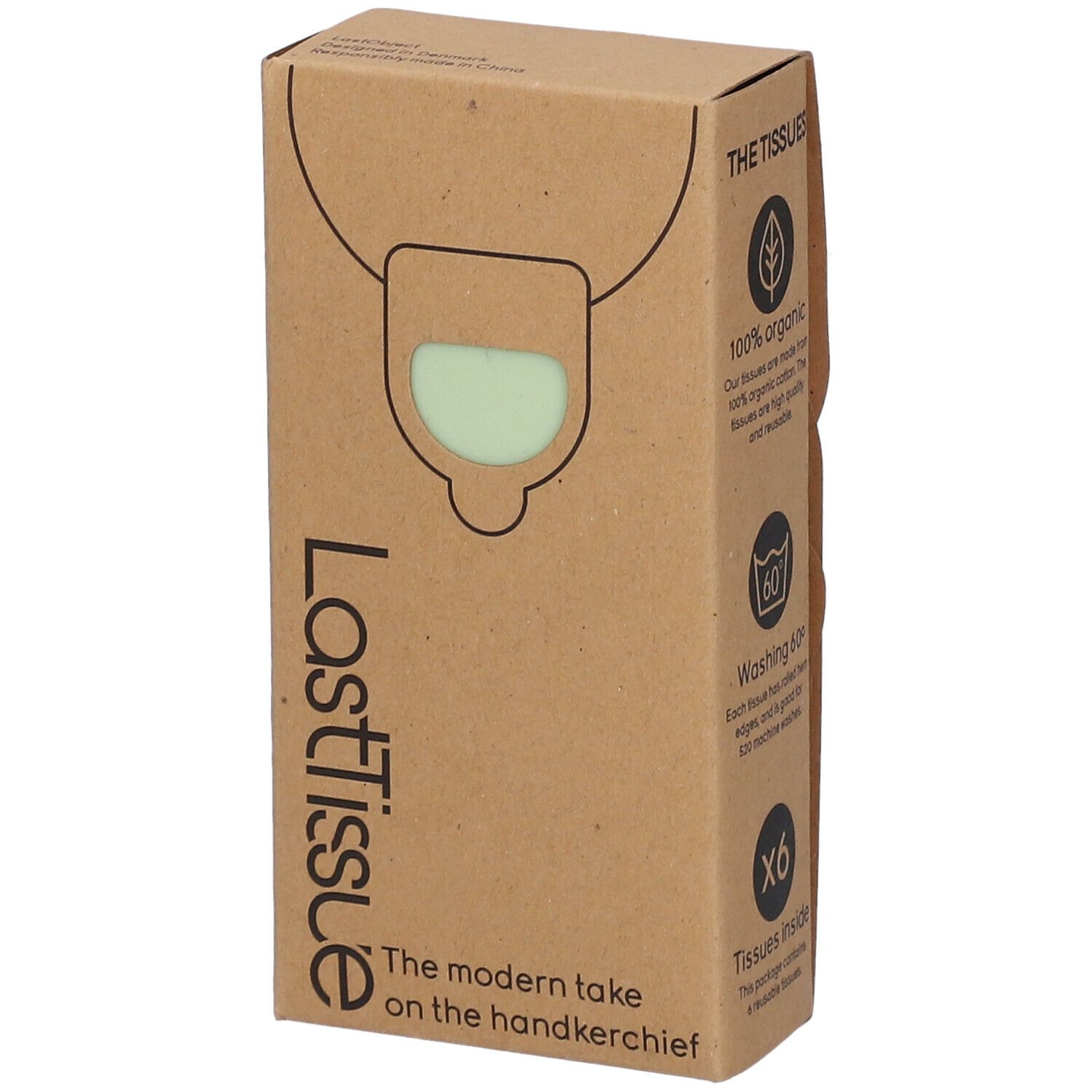 Boîte en carton "LastTissue" avec mouchoirs réutilisables verts. Inscriptions : 100% organique, lavable, 6 mouchoirs.