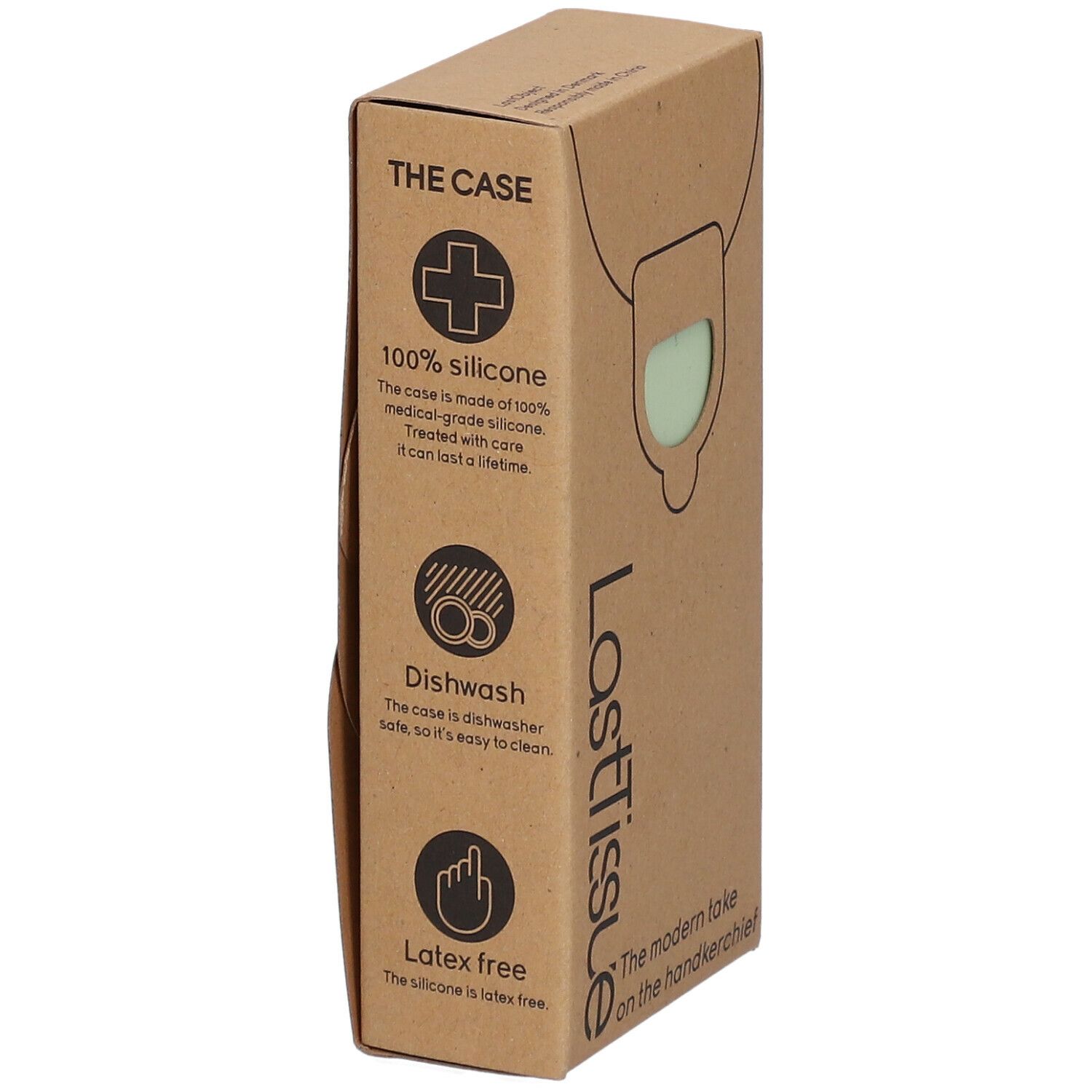 Boîte en carton "LastTissue" avec mouchoirs verts. Inscriptions : 100% silicone, lavable au lave-vaisselle, sans latex.