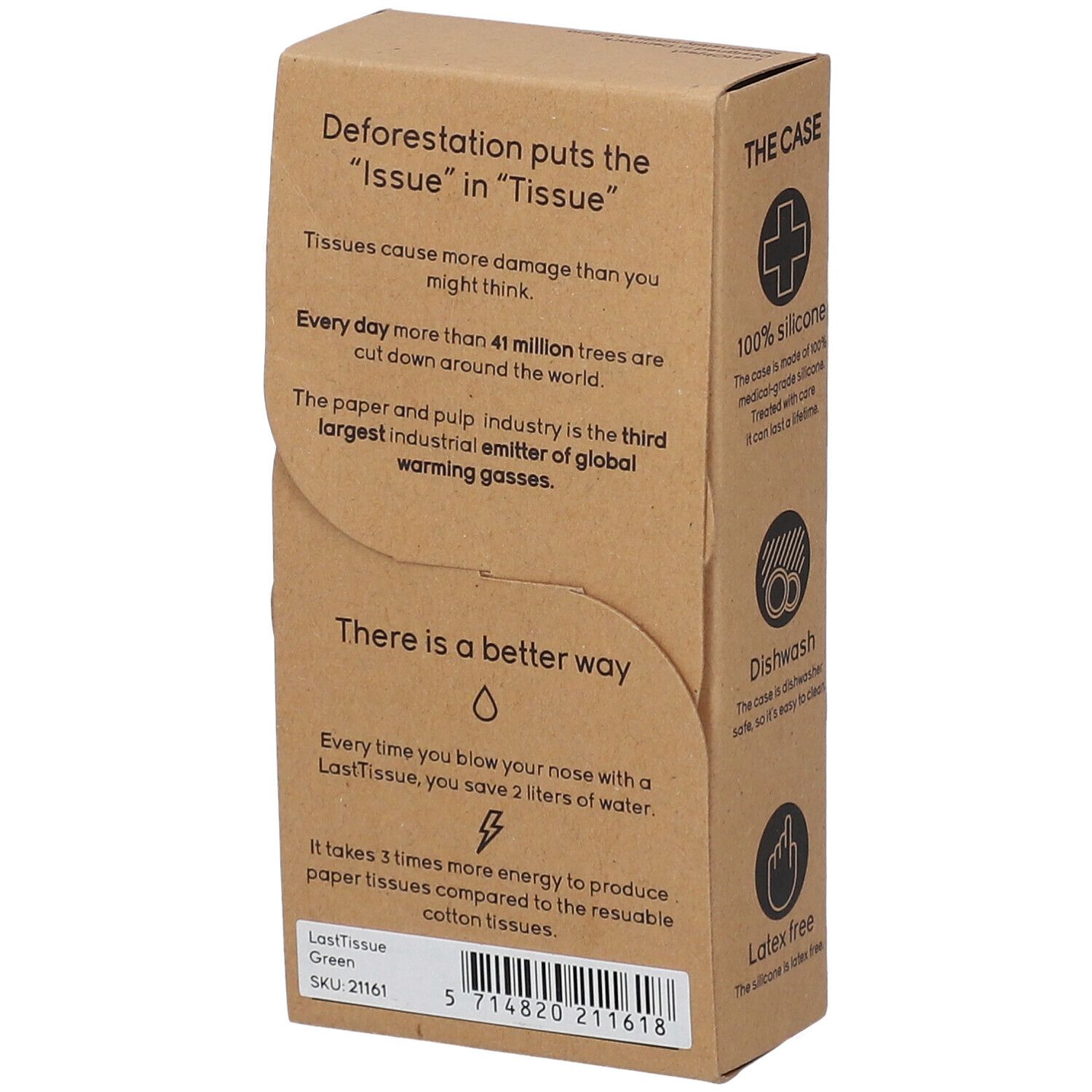 Dos de la boîte "LastTissue". Texte sur l'impact environnemental. Numéro SKU et code-barres.