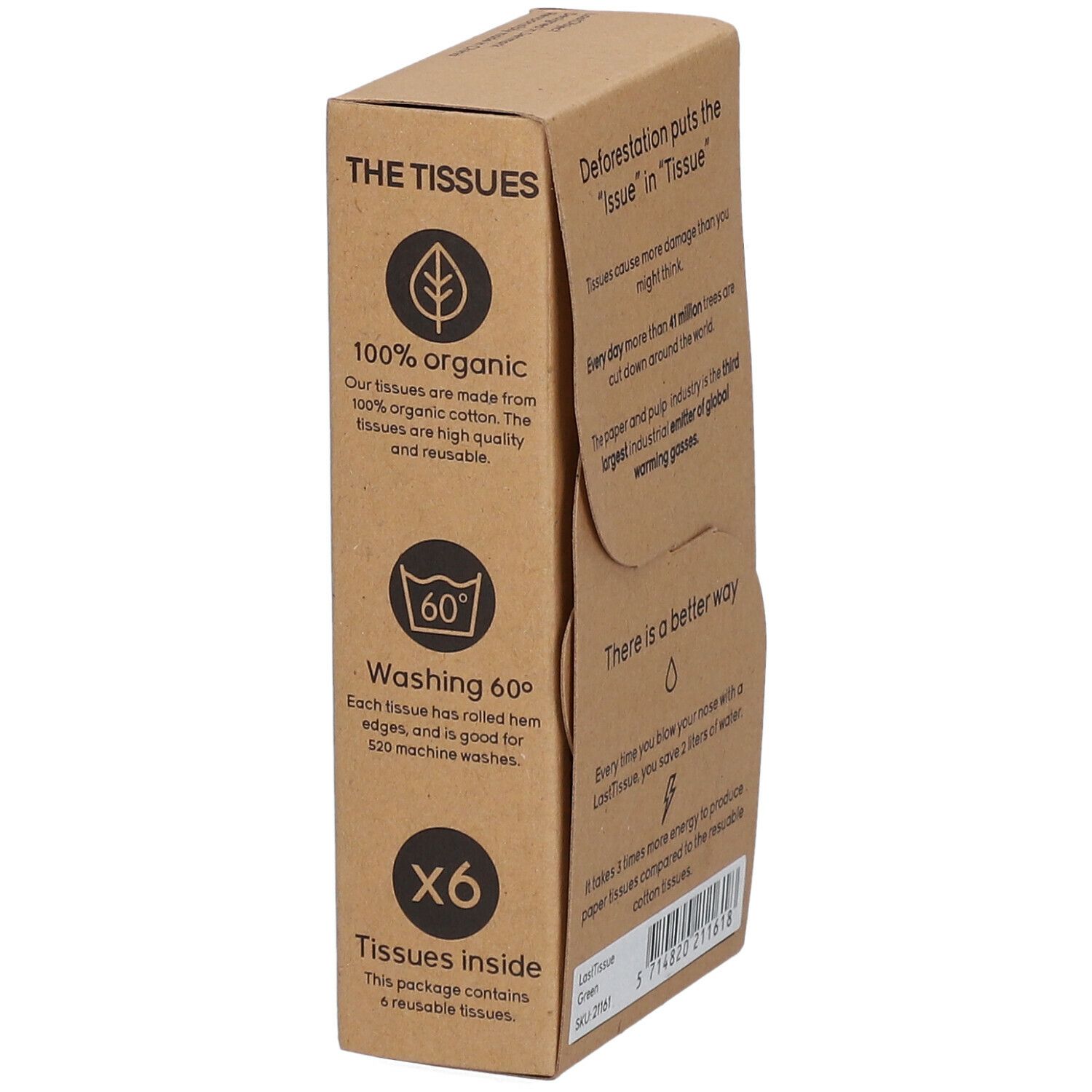 Boîte en carton "LastTissue" avec texte sur les mouchoirs. Inscriptions : 100% organique, lavable, 6 mouchoirs.