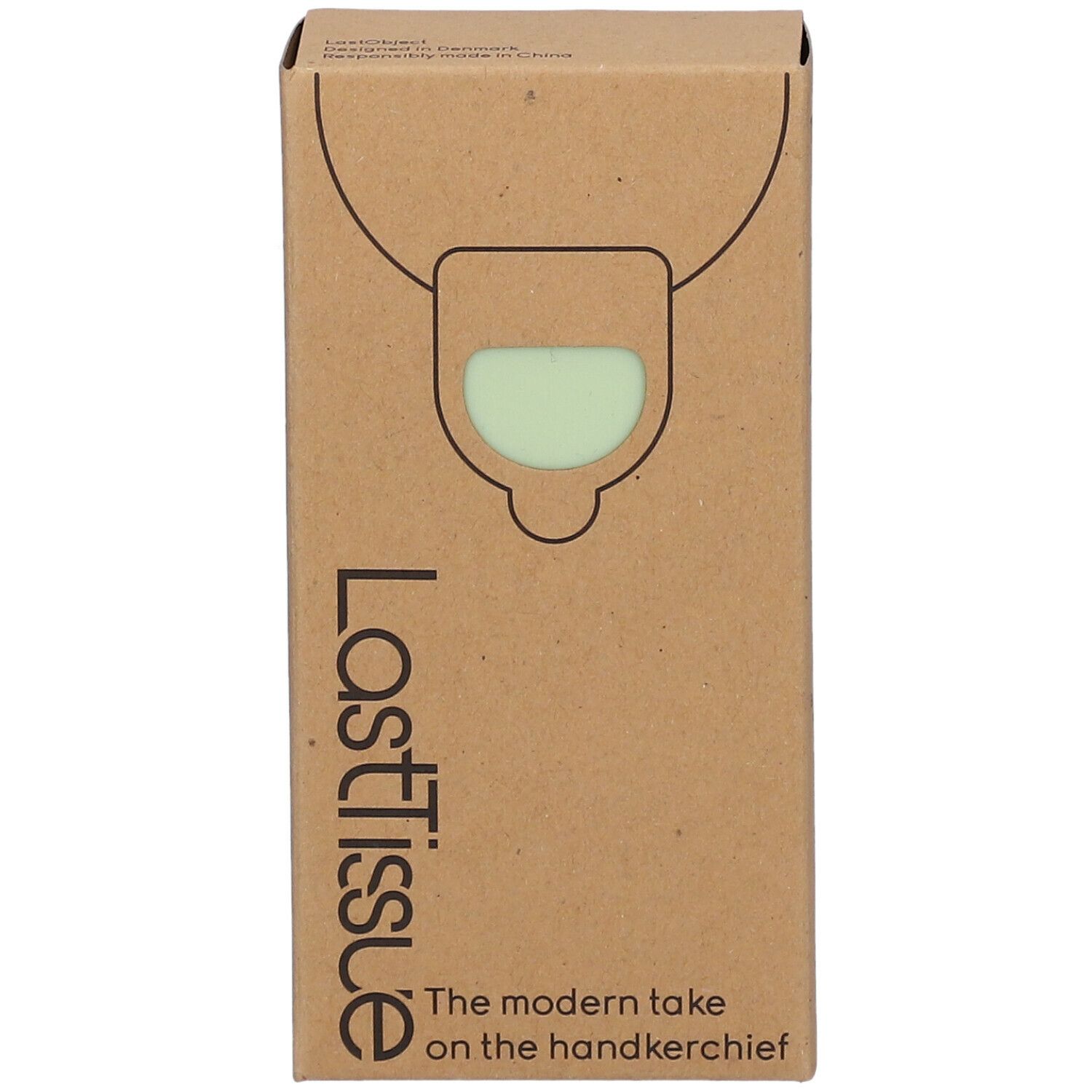 Boîte en carton "LastTissue" avec mouchoirs verts. Logo et texte : "The modern take on the handkerchief".