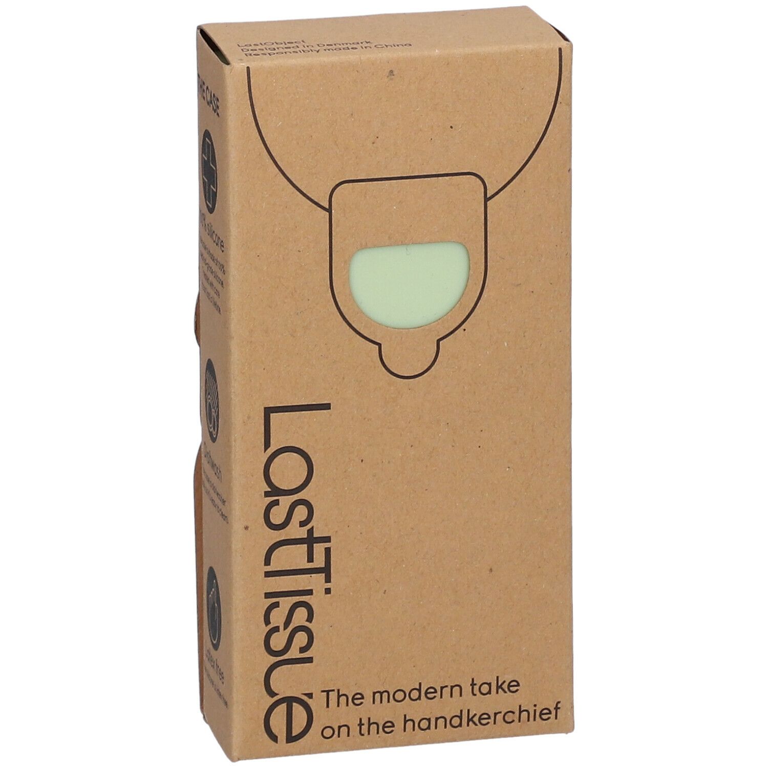Boîte en carton "LastTissue" avec mouchoirs verts. Logo et texte : "The modern take on the handkerchief".