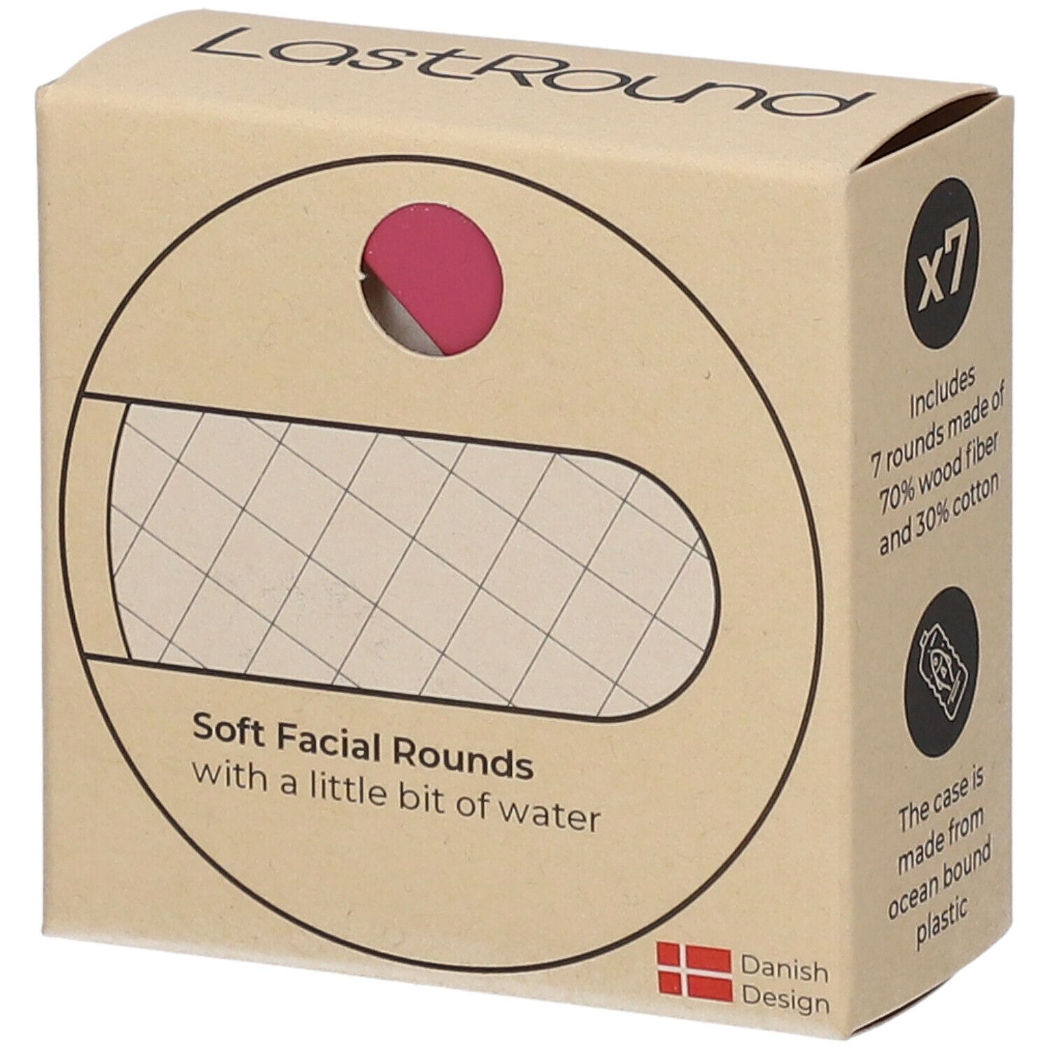 Kartonverpackung mit "LastRound"-Logo. Enthält 7 Wattepads. Text: "Soft Facial Rounds". Dänisches Design. Rosa Pad sichtbar.