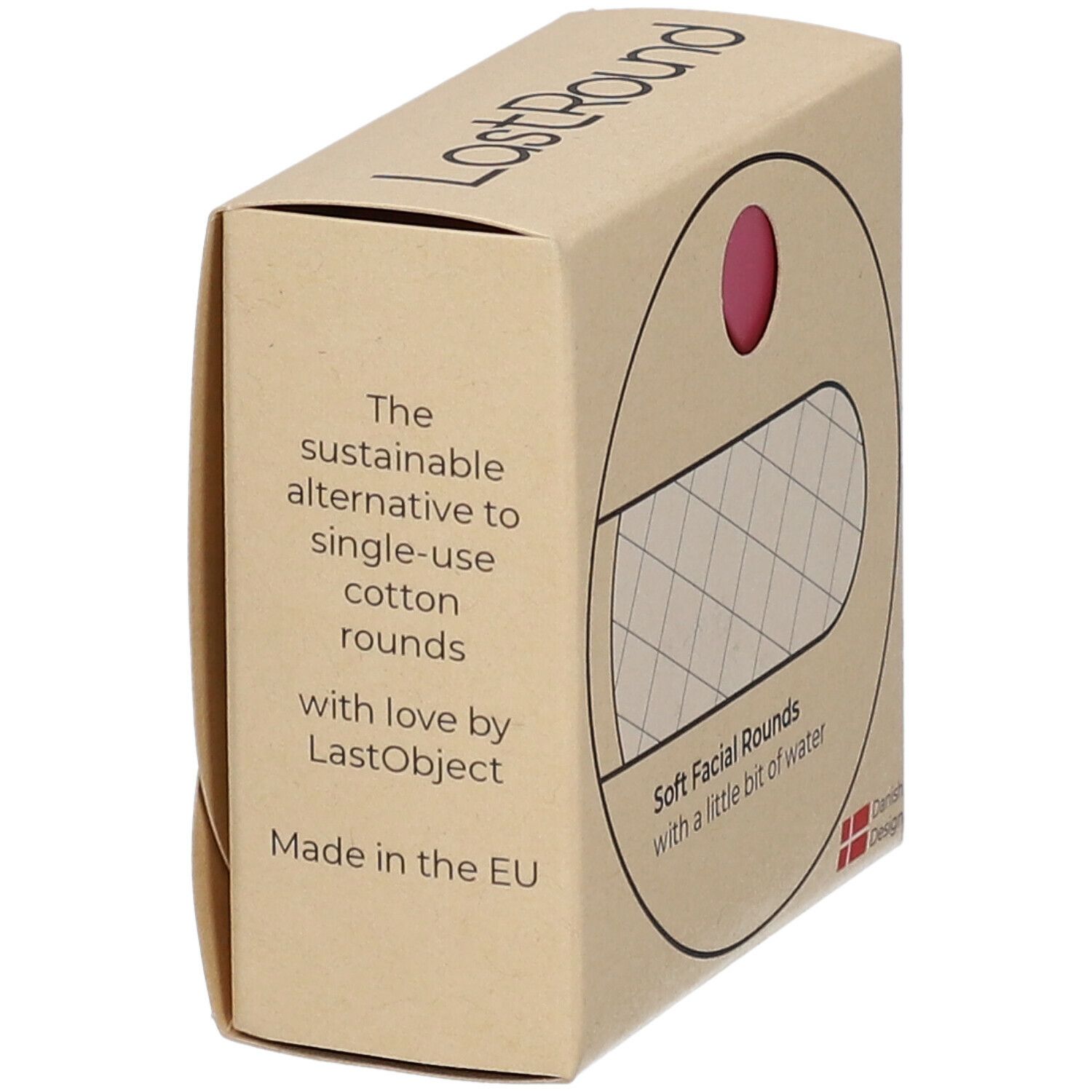 Kartonverpackung mit "LastRound"-Logo. Text: "The sustainable alternative to single-use cotton rounds". Hergestellt in der EU.