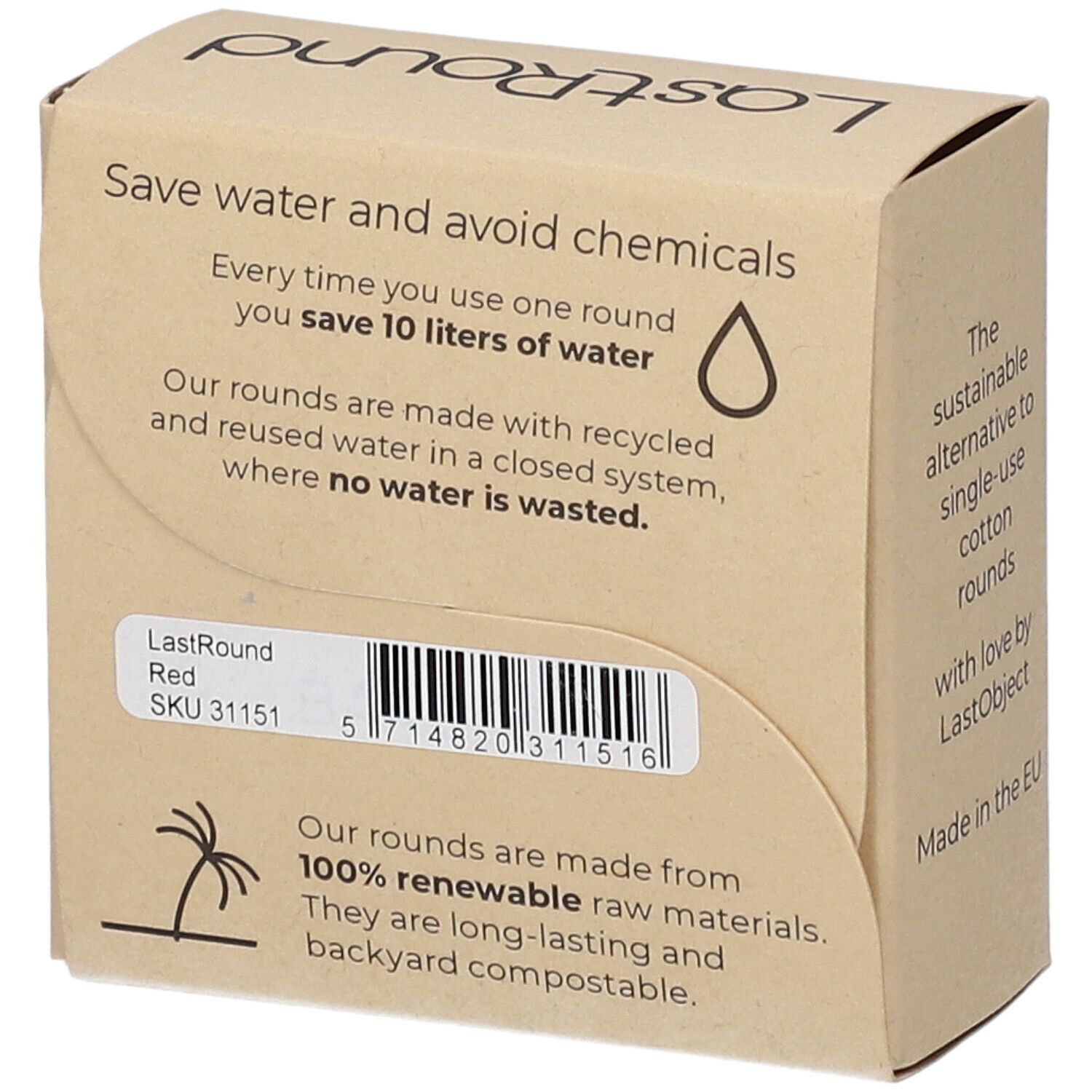 Kartonverpackung mit "LastRound"-Logo. Text: "Save water and avoid chemicals". Barcode und Produktinformationen. Hergestellt aus erneuerbaren Rohstoffen.