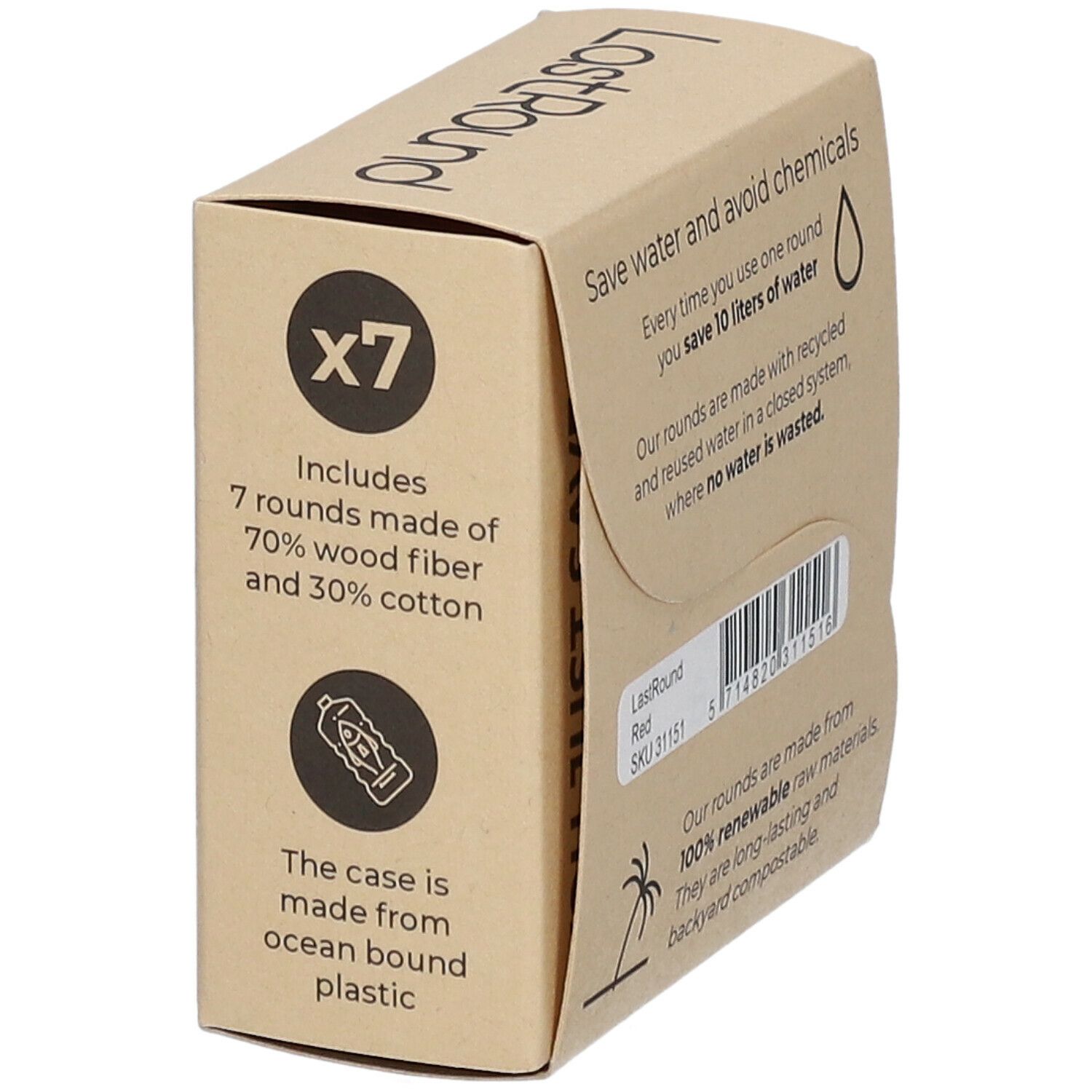 Kartonverpackung mit "LastRound"-Logo. Enthält 7 Wattepads. Text: "Soft Facial Rounds". Verpackung aus Ozeanplastik.