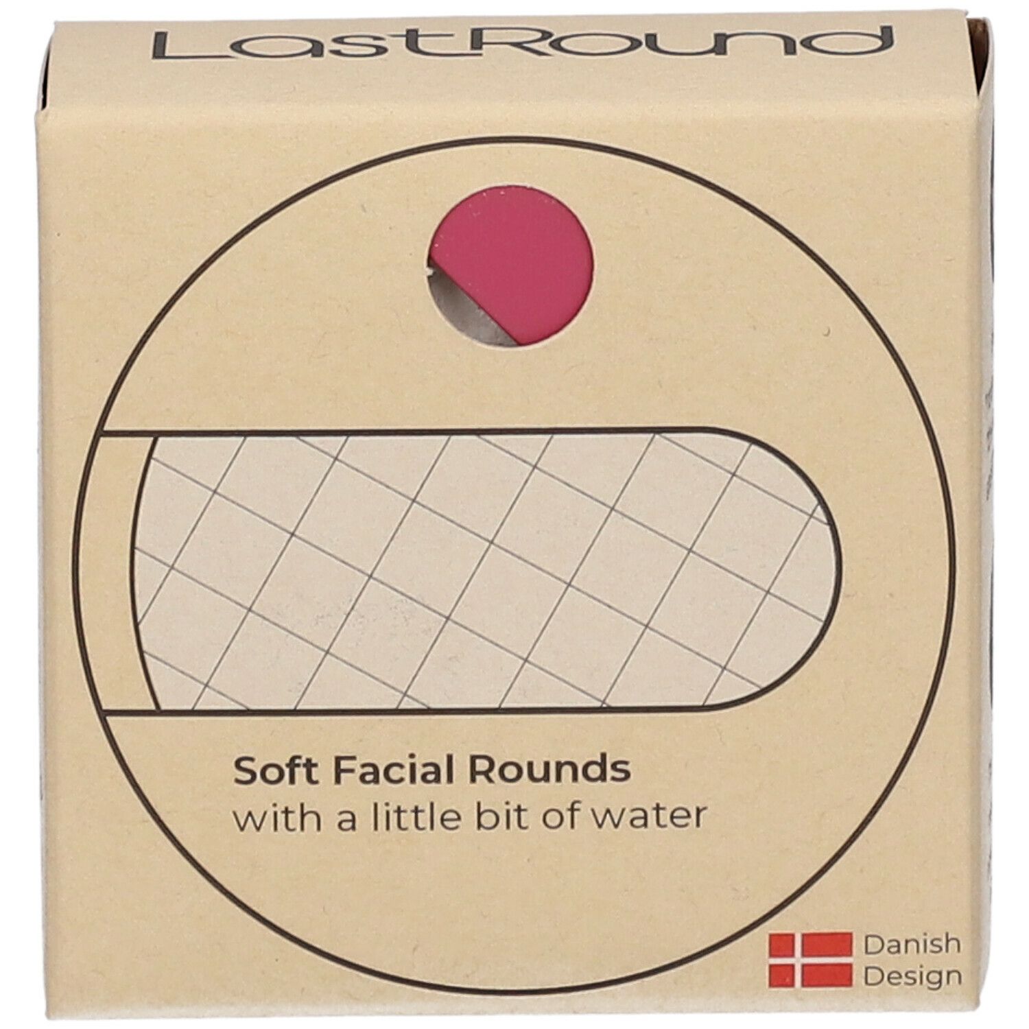 Kartonverpackung mit "LastRound"-Logo. Text: "Soft Facial Rounds". Dänisches Design. Rosa Pad sichtbar.