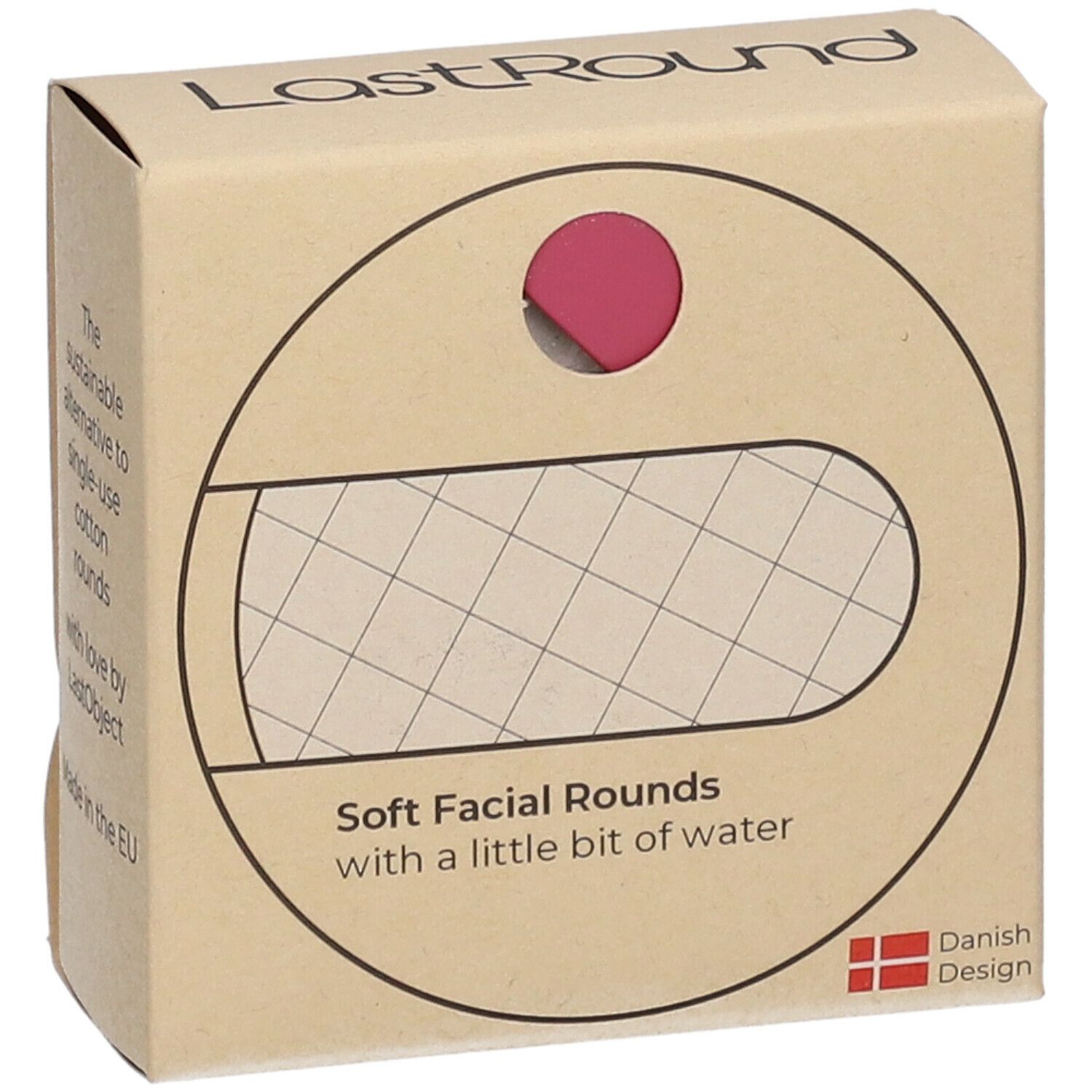 Kartonverpackung mit "LastRound"-Logo. Text: "Soft Facial Rounds". Dänisches Design. Rosa Pad sichtbar.