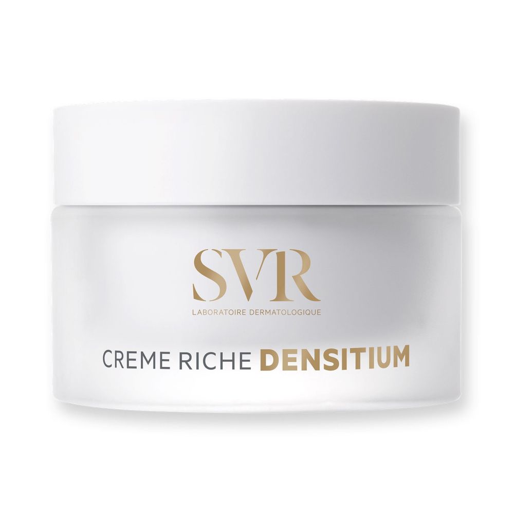 Pot de crème avec couvercle blanc. Inscriptions "SVR" et "Crème Riche DENSITIUM" sur le pot.