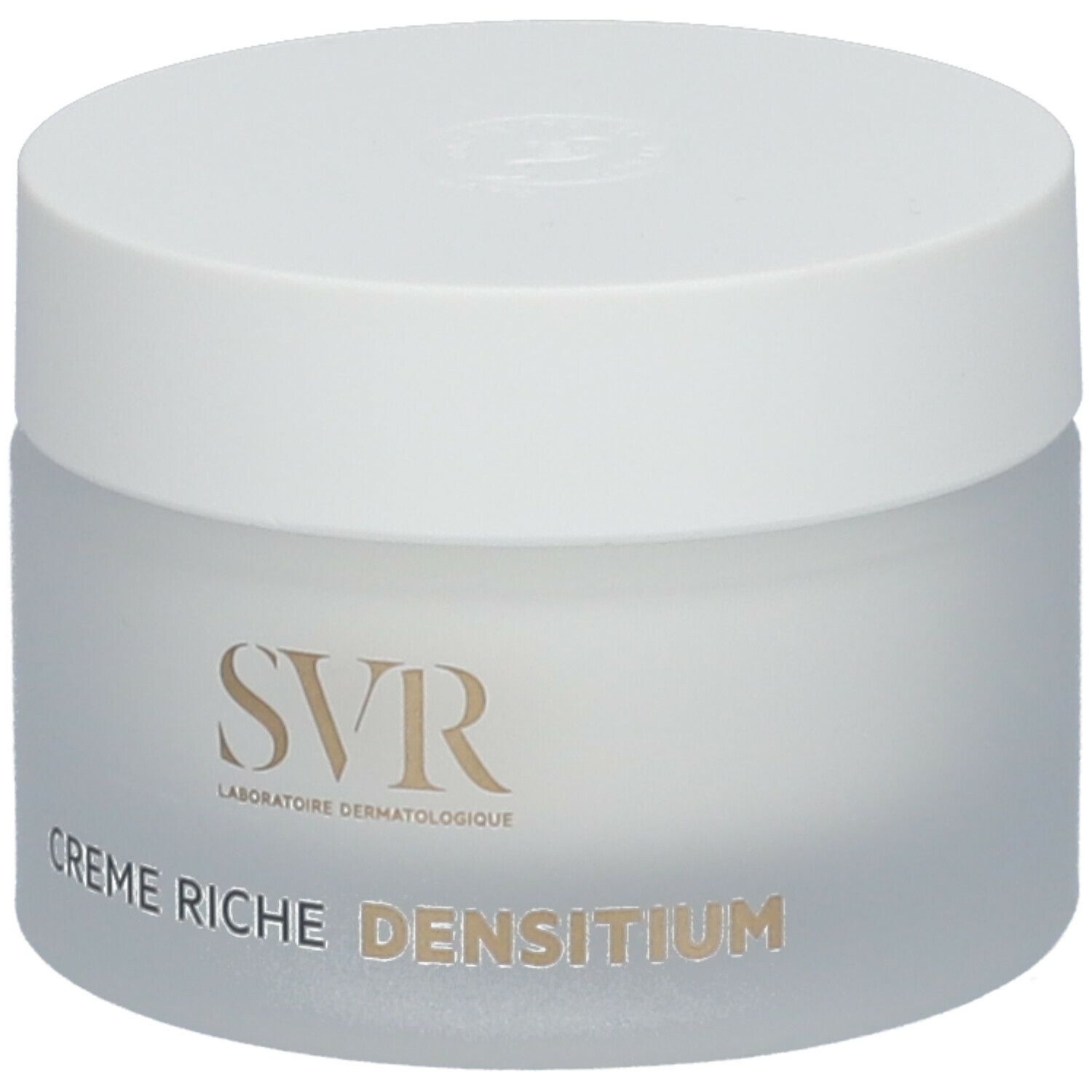 Crèmepot met witte deksel. Op de pot staat "SVR" en "Crème Riche DENSITIUM".