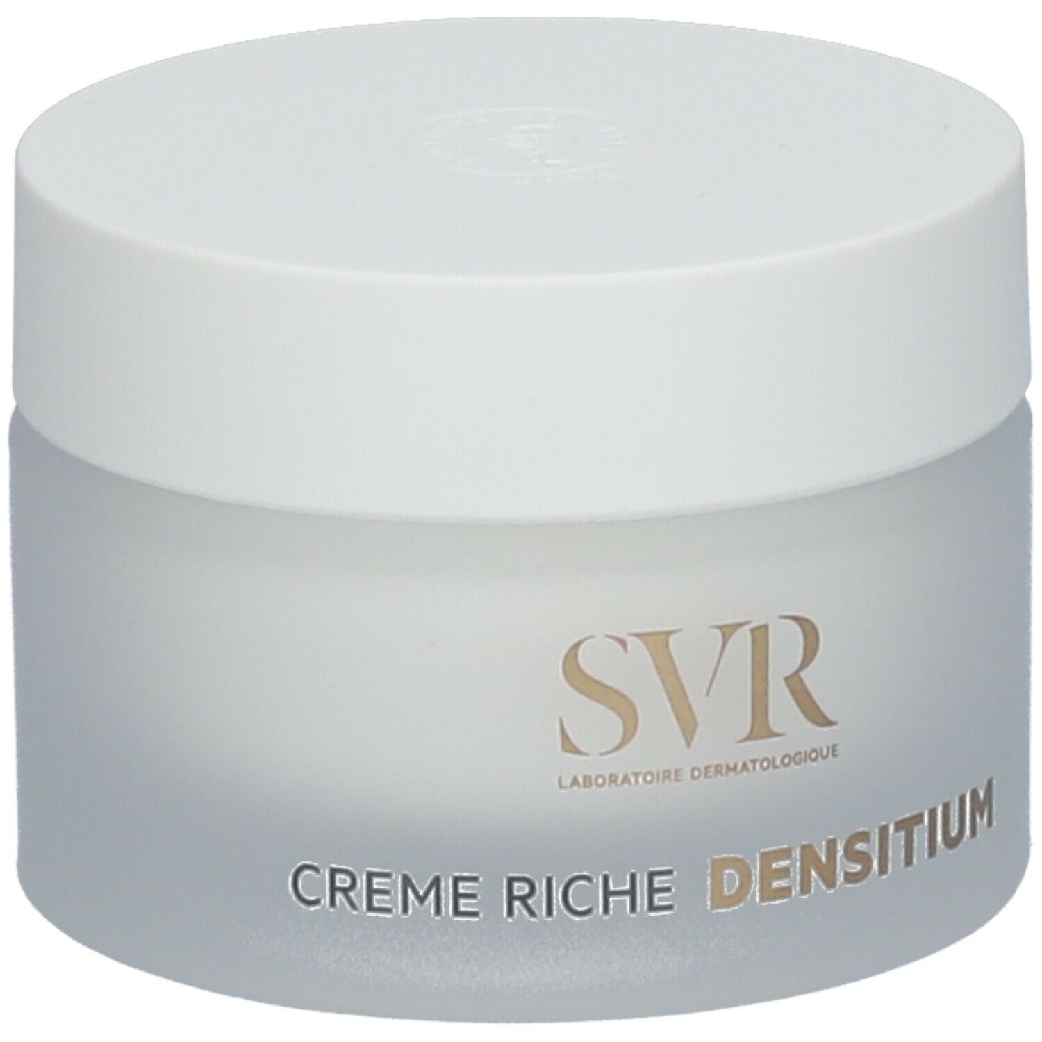 Crèmepot met witte deksel. Op de pot staat "SVR" en "Crème Riche DENSITIUM".